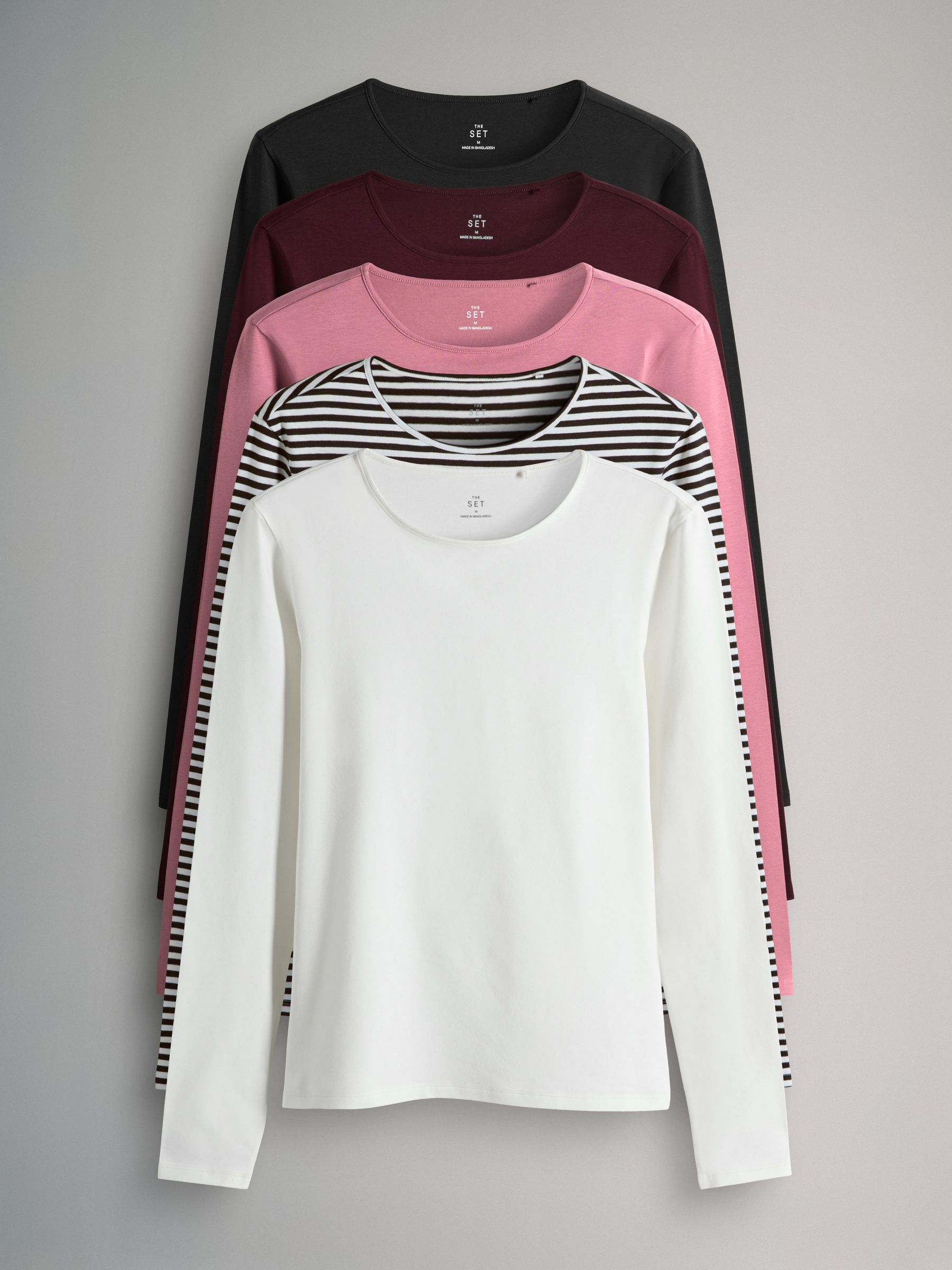 Black/Stripe/Berry/Mid Pink/Cream - 5 Pack Long Sleeve Crew Neck T-Shirts - Image 1 of 8