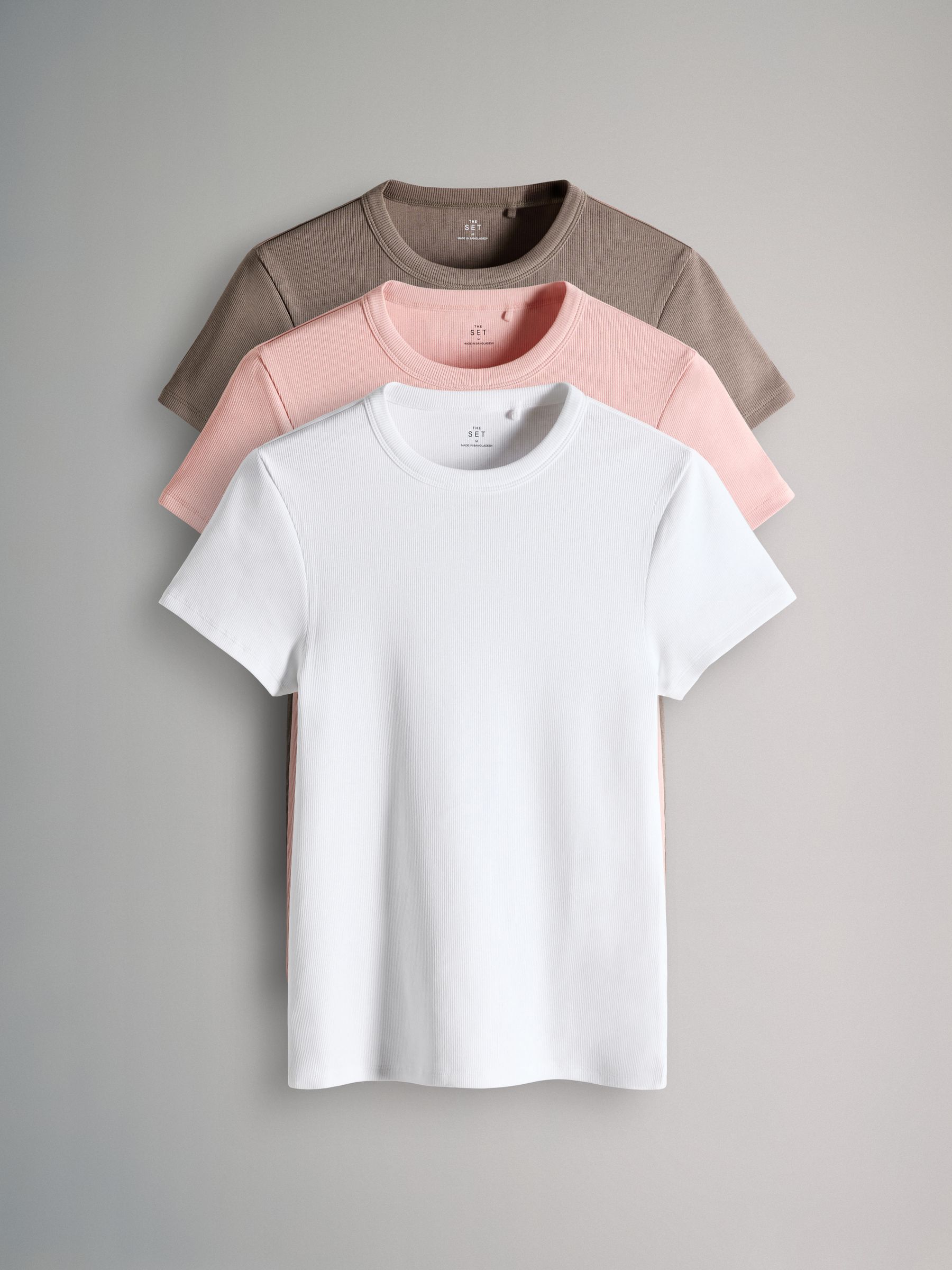Taupe/Pink/White - 3 Pack Short Sleeve Ribbed T-Shirts - Image 1 of 6