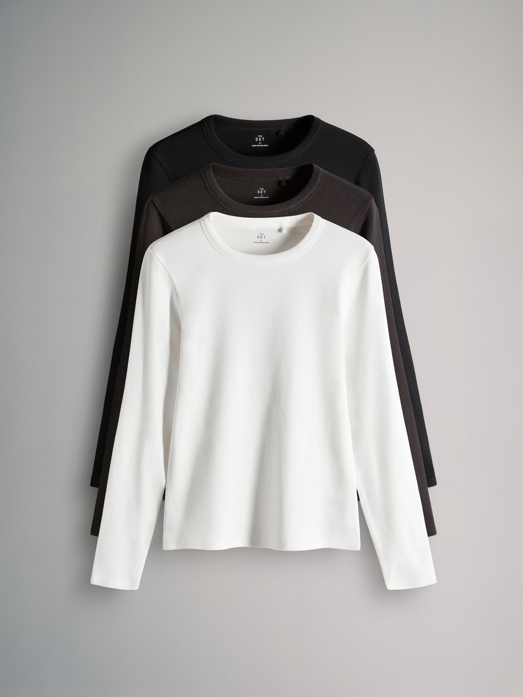 Black/Chocolate/Cream - 3 Pack Long Sleeve Ribbed T-Shirts - Image 1 of 6