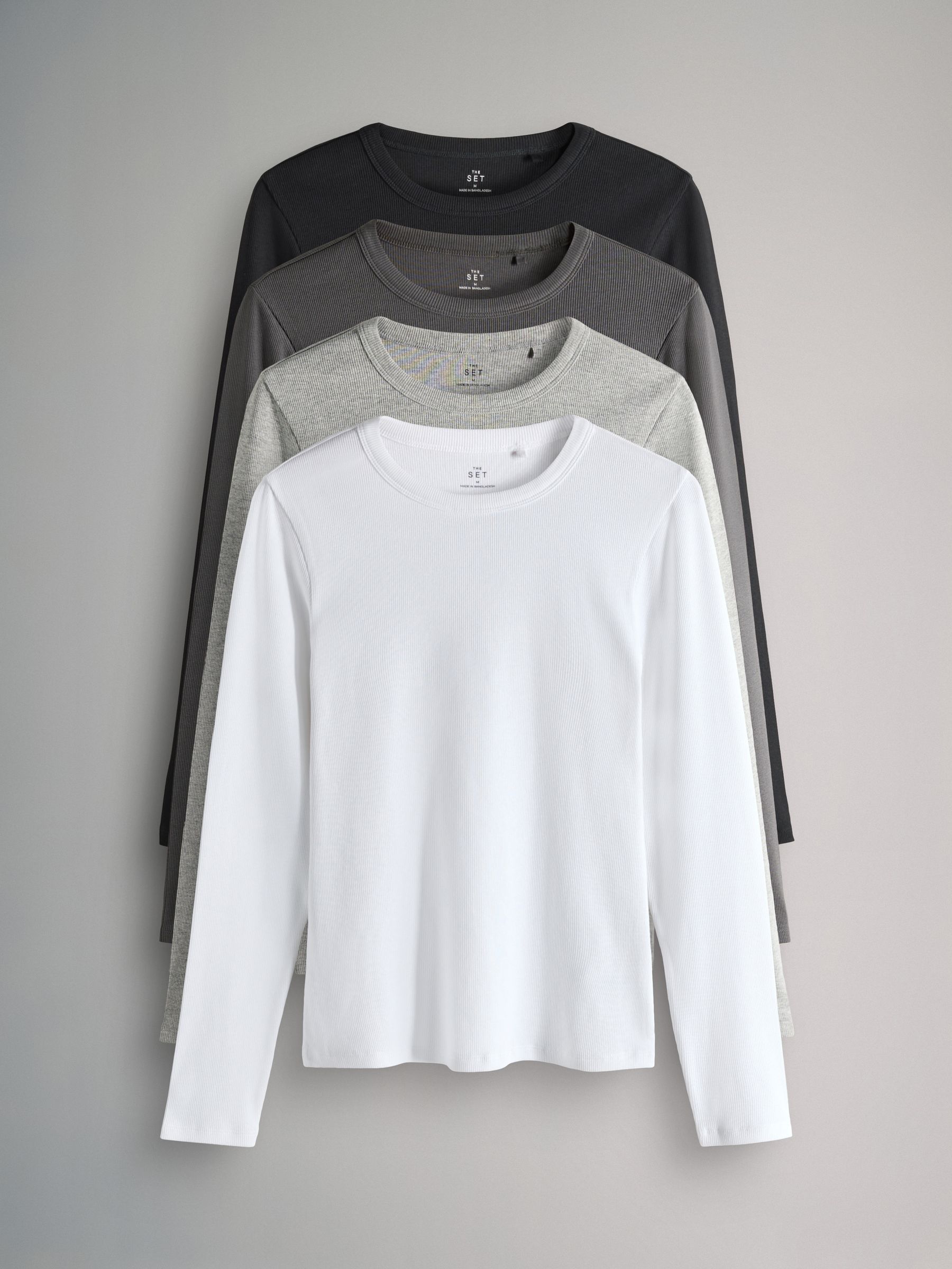 Black/Charcoal Grey/Light Grey Marl/White - 4 Pack Long Sleeve Ribbed T-Shirts - Image 1 of 7