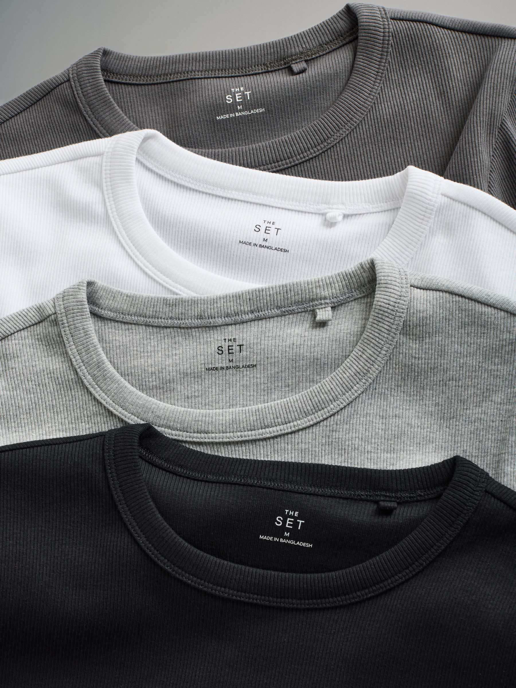 Black/Charcoal Grey/Light Grey Marl/White - 4 Pack Long Sleeve Ribbed T-Shirts - Image 6 of 7