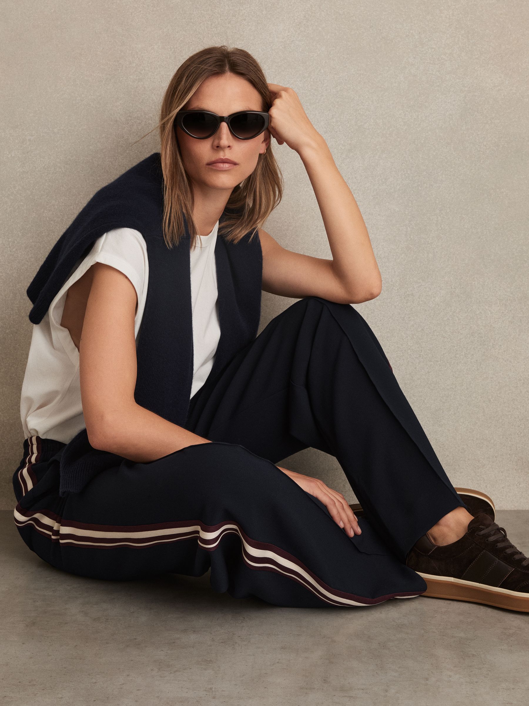 Side-Stripe Wide-Leg Trousers in Navy - Image 1 of 7