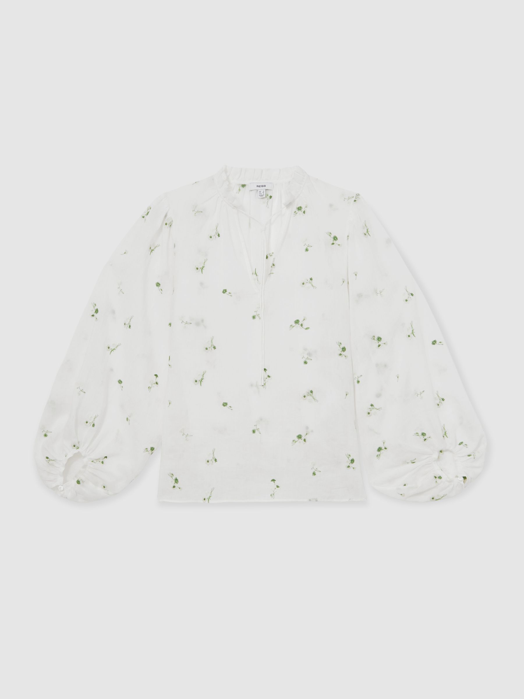 Floral-Embroidered Tie-Neck Blouse Ramie-Lyocell in Ivory - Image 2 of 6