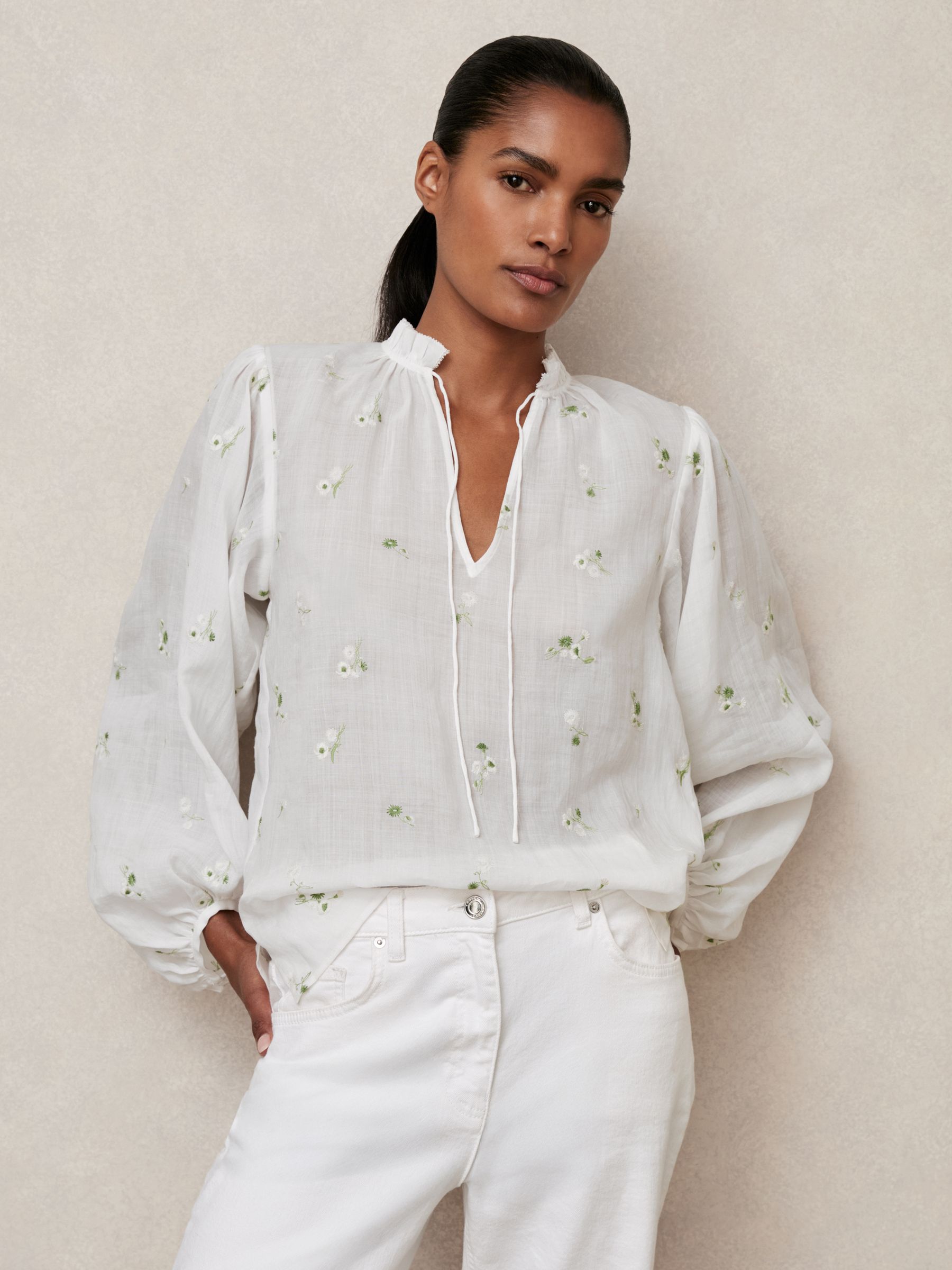 Floral-Embroidered Tie-Neck Blouse Ramie-Lyocell in Ivory - Image 3 of 6