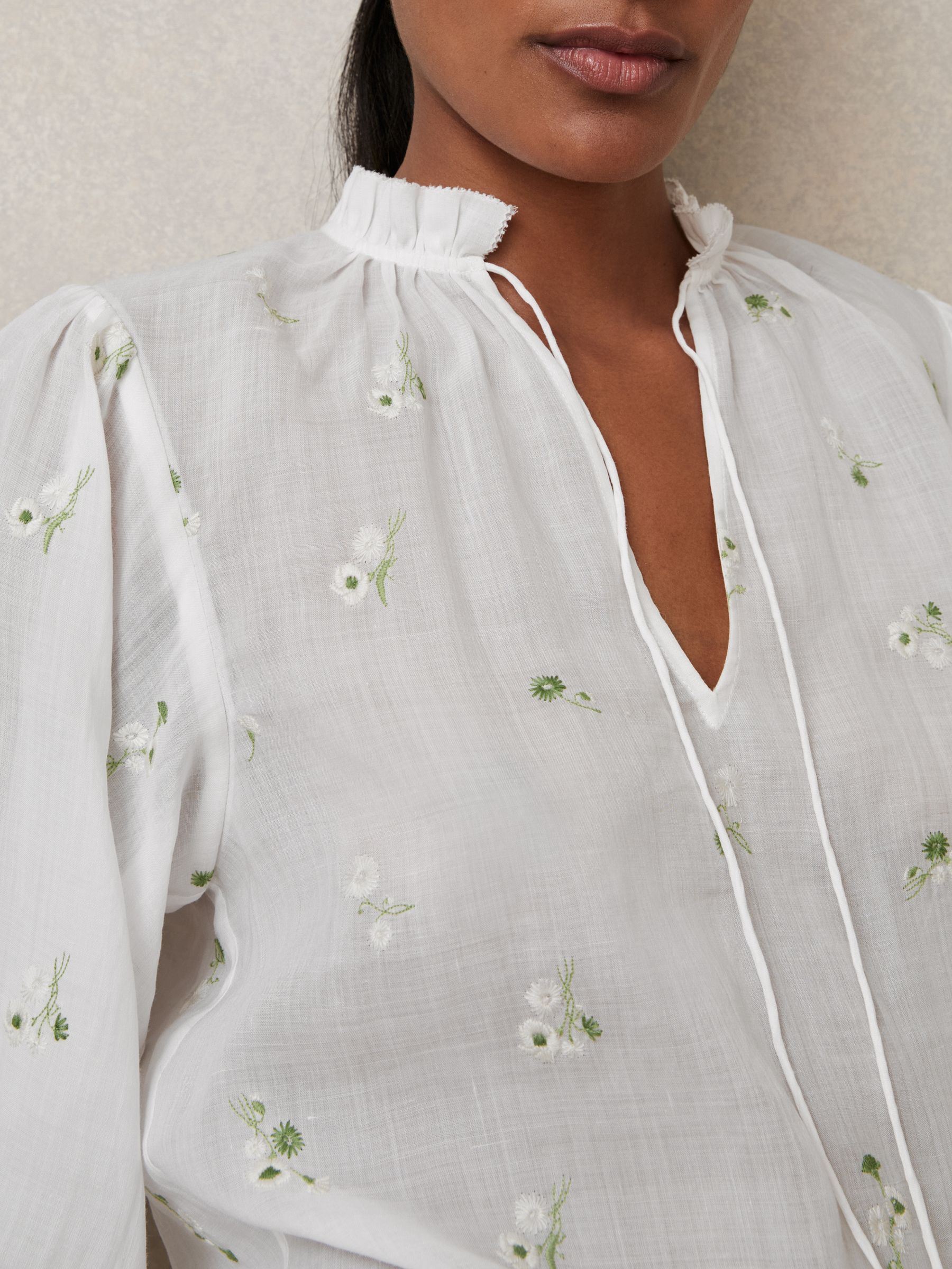 Floral-Embroidered Tie-Neck Blouse Ramie-Lyocell in Ivory - Image 4 of 6