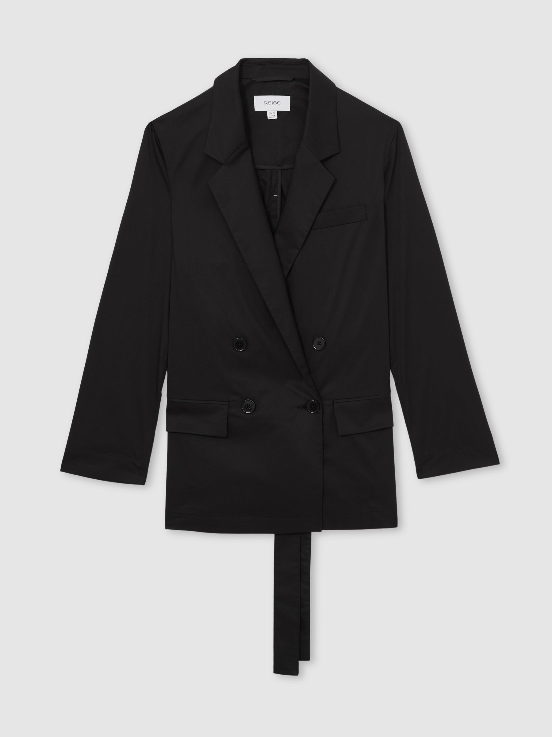 Cotton Blend Double Breasted Belted Jacket in Black - Image 2 of 7