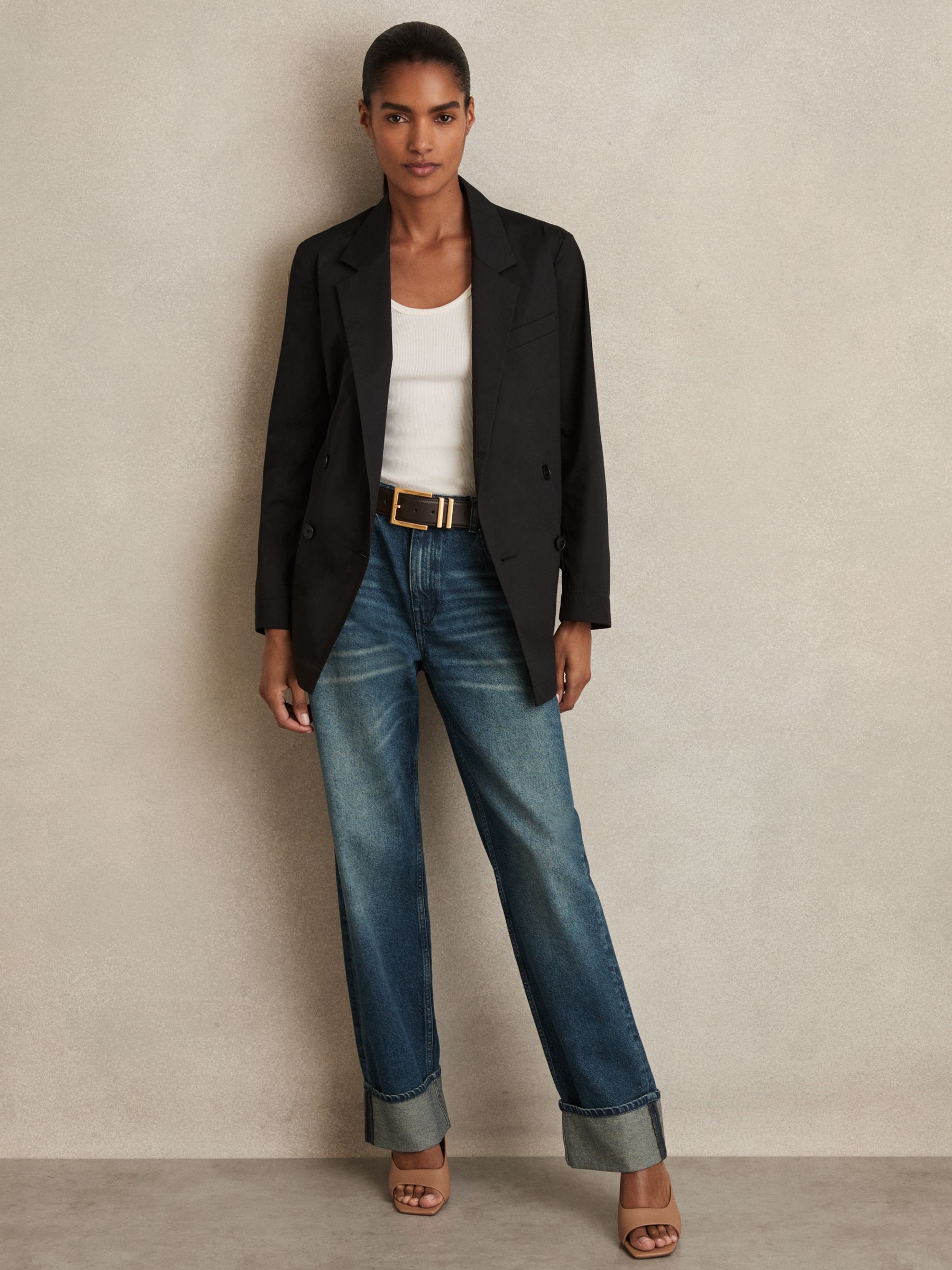 Cotton Blend Double Breasted Belted Jacket in Black - Image 3 of 7