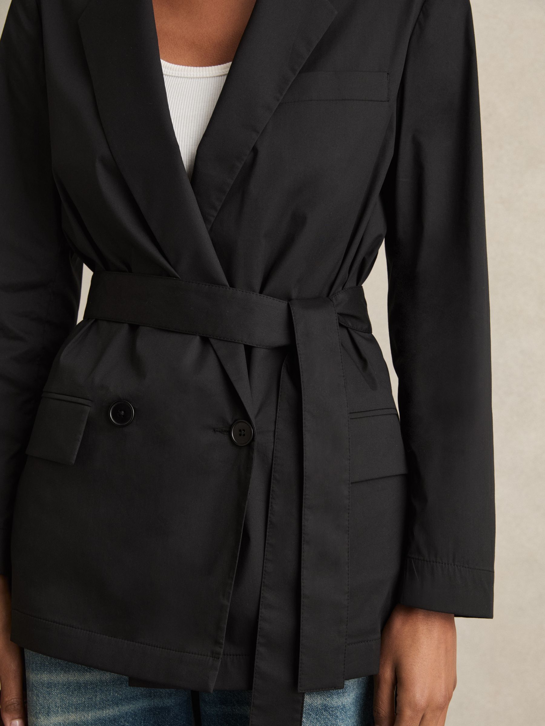 Cotton Blend Double Breasted Belted Jacket in Black - Image 4 of 7