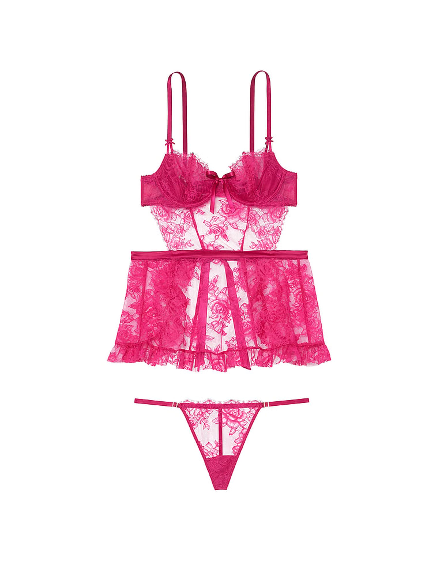 Cherry Blossom Pink Lace Unlined Balcony Babydoll Set - Image 3 of 3