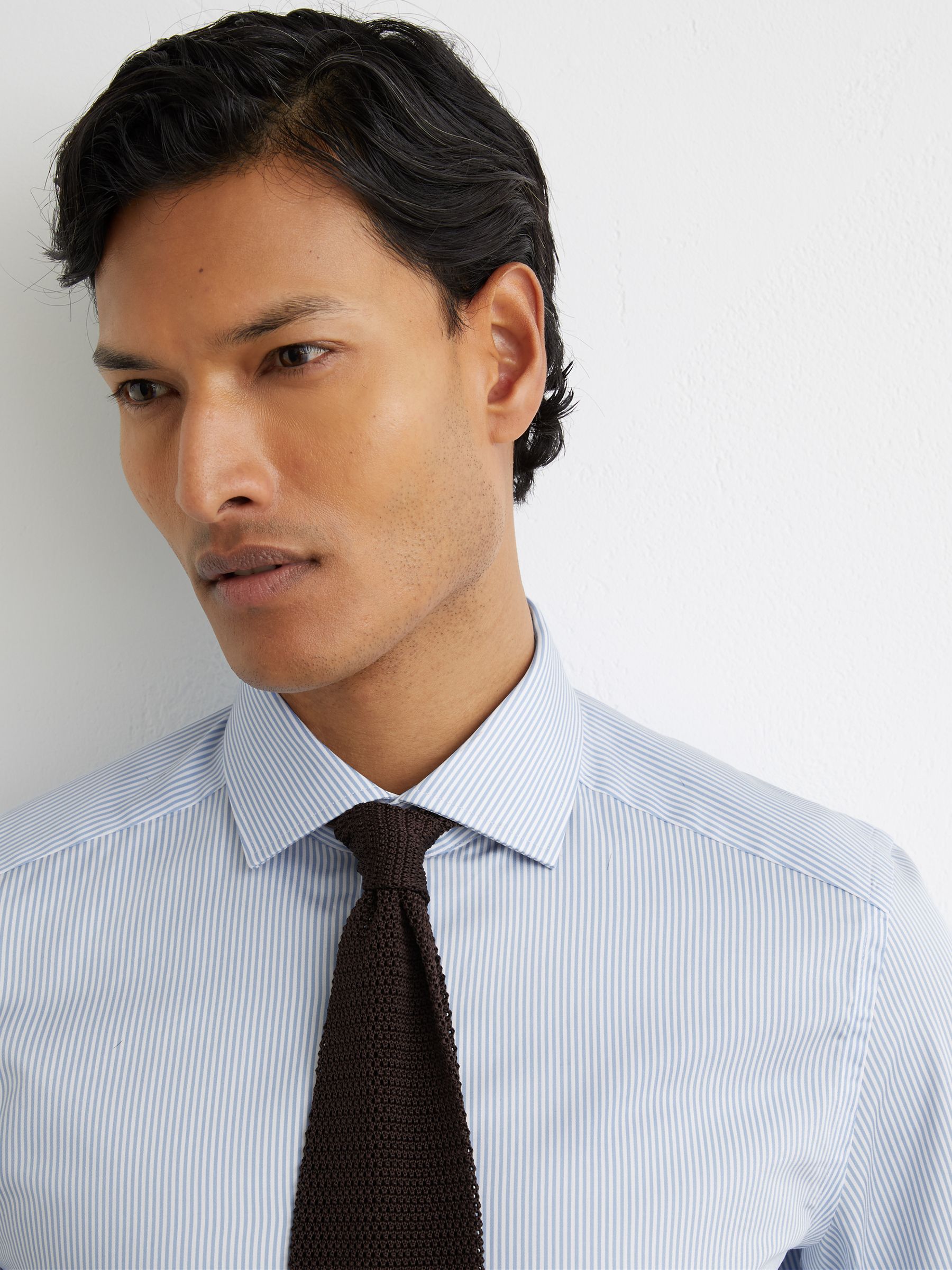 Slim Fit Cotton-Satin Cutaway-Collar Shirt in Blue Stripe - image 5