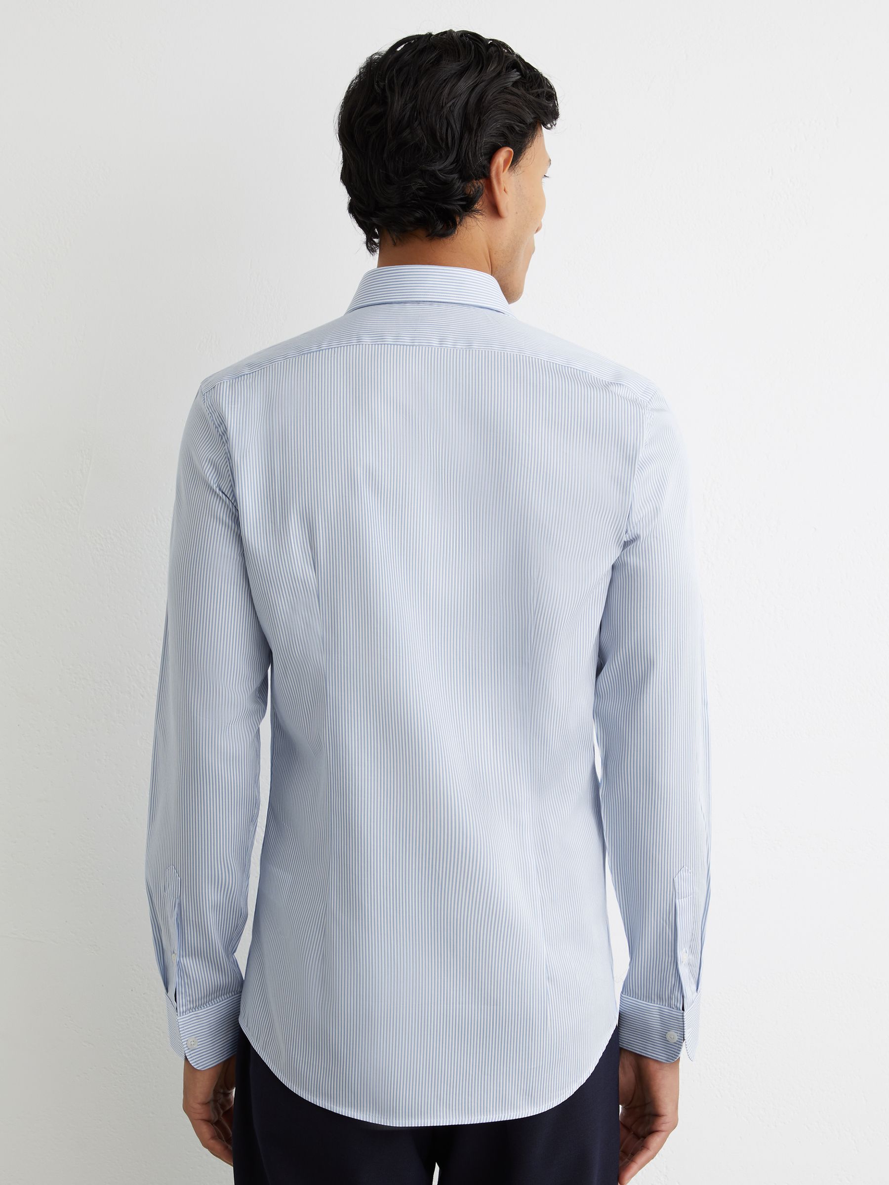 Slim Fit Cotton-Satin Cutaway-Collar Shirt in Blue Stripe - image 4