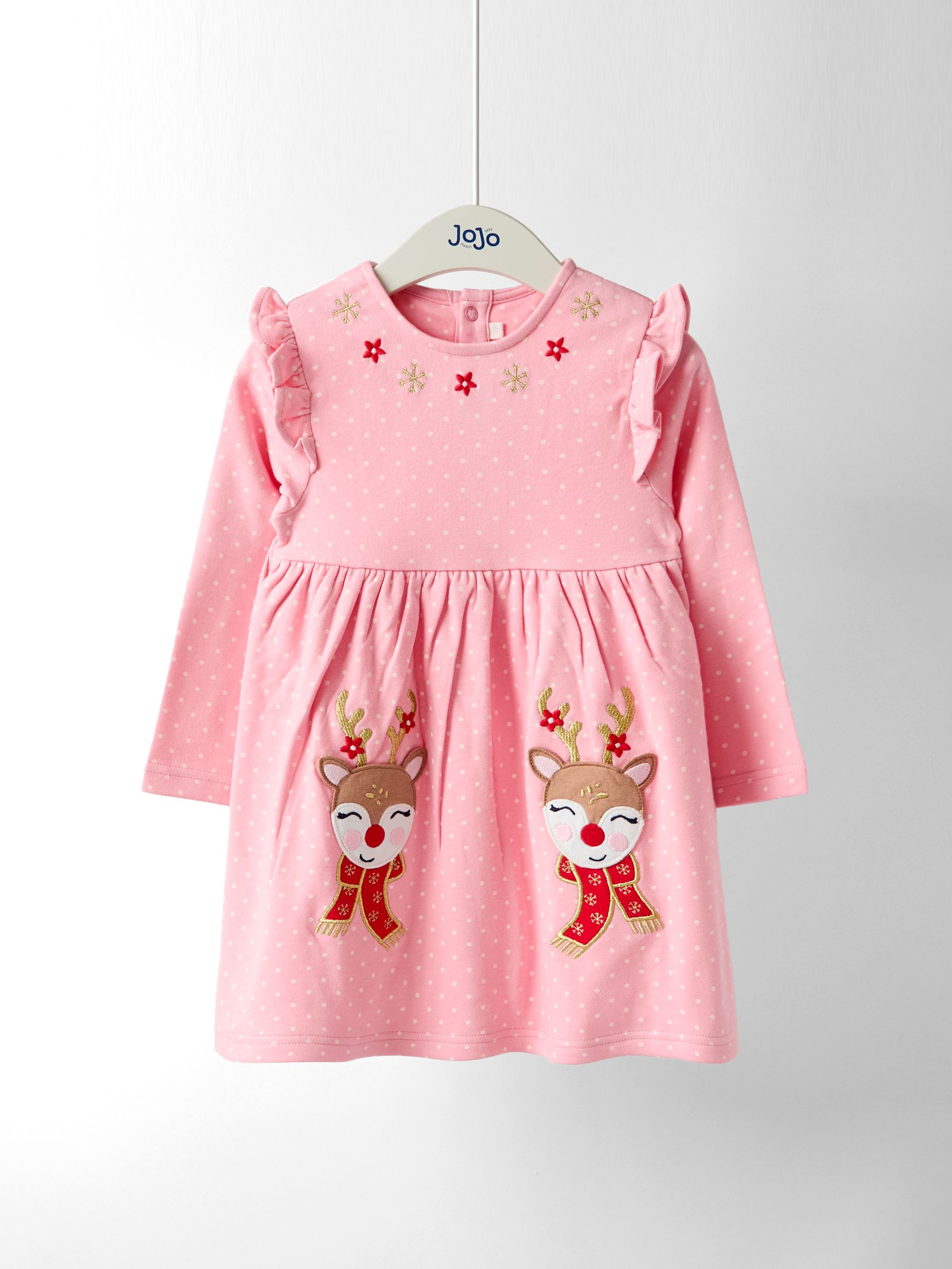 Rose Pink Reindeer Christmas Frill Shoulder Appliqué Dress - Image 1 of 4