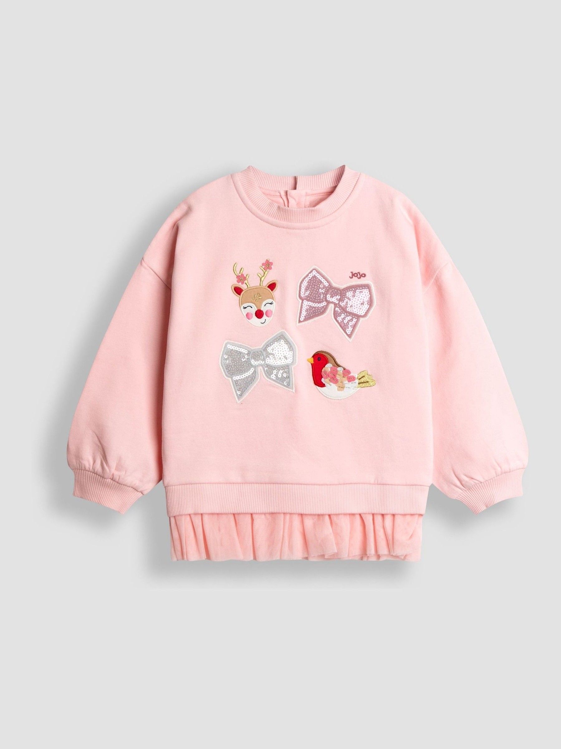 Pink XMAS Characters & Bows Appliqué Tulle Frill Sweatshirt - Image 1 of 3