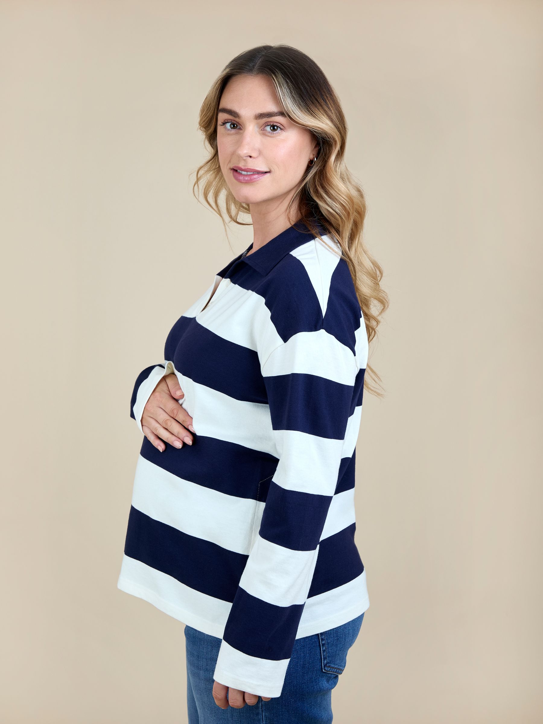 Navy White Stripe Rugby Polo Maternity Top - Image 4 of 5