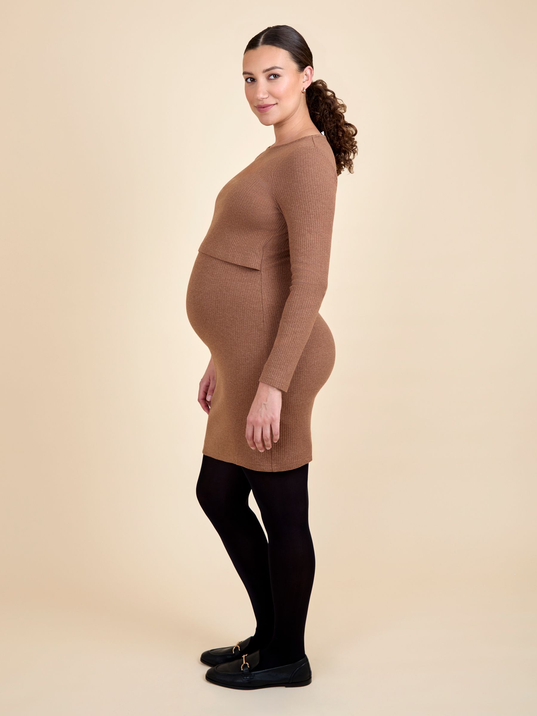 Gold Ribbed Mini Maternity & Nursing Dress - Image 2 of 5