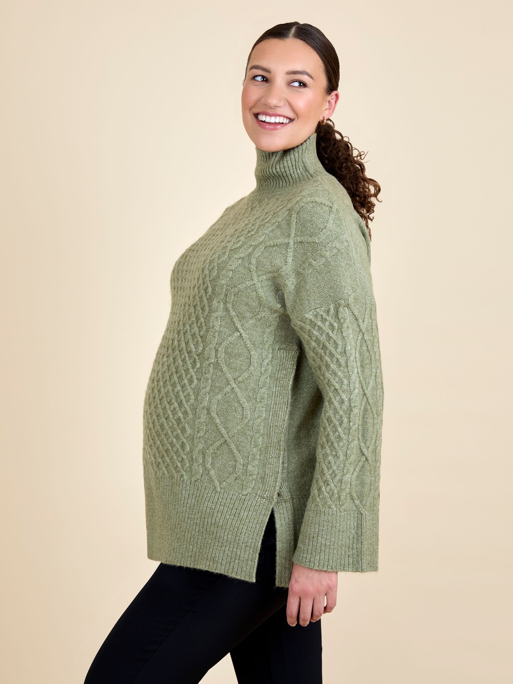 Khaki Cable Turtleneck Maternity And Nursing Jumper - Image 1 of 3