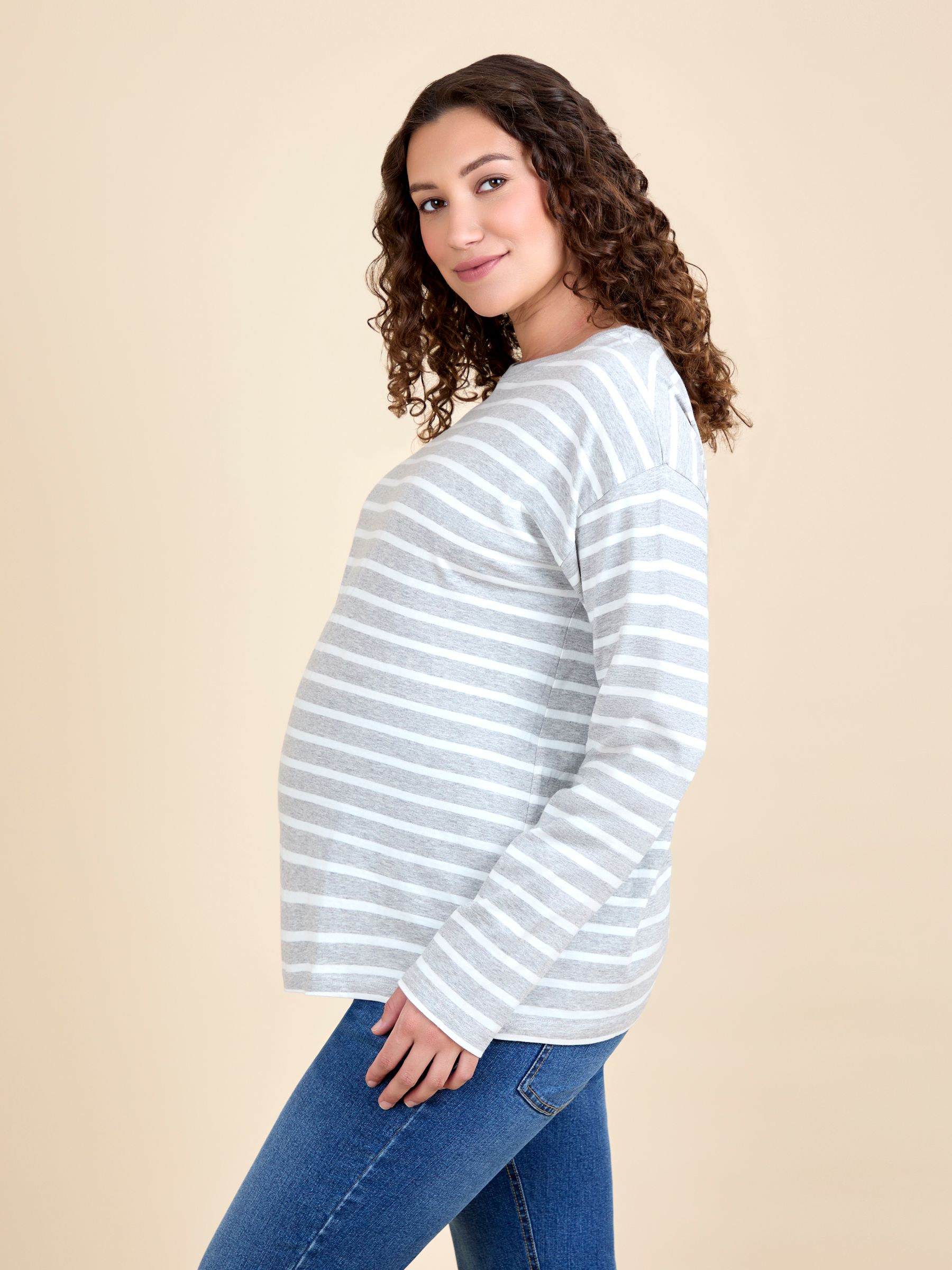 Grey Stripe Long Sleeve Boyfriend Maternity T-Shirt - Image 2 of 4