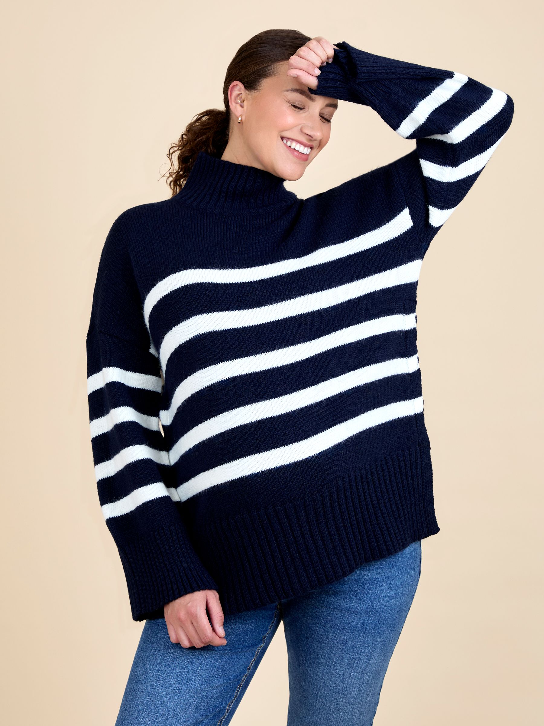 Navy Ecru Stripe Striped Turtleneck Maternity And Nursing Jumper - Image 1 of 5