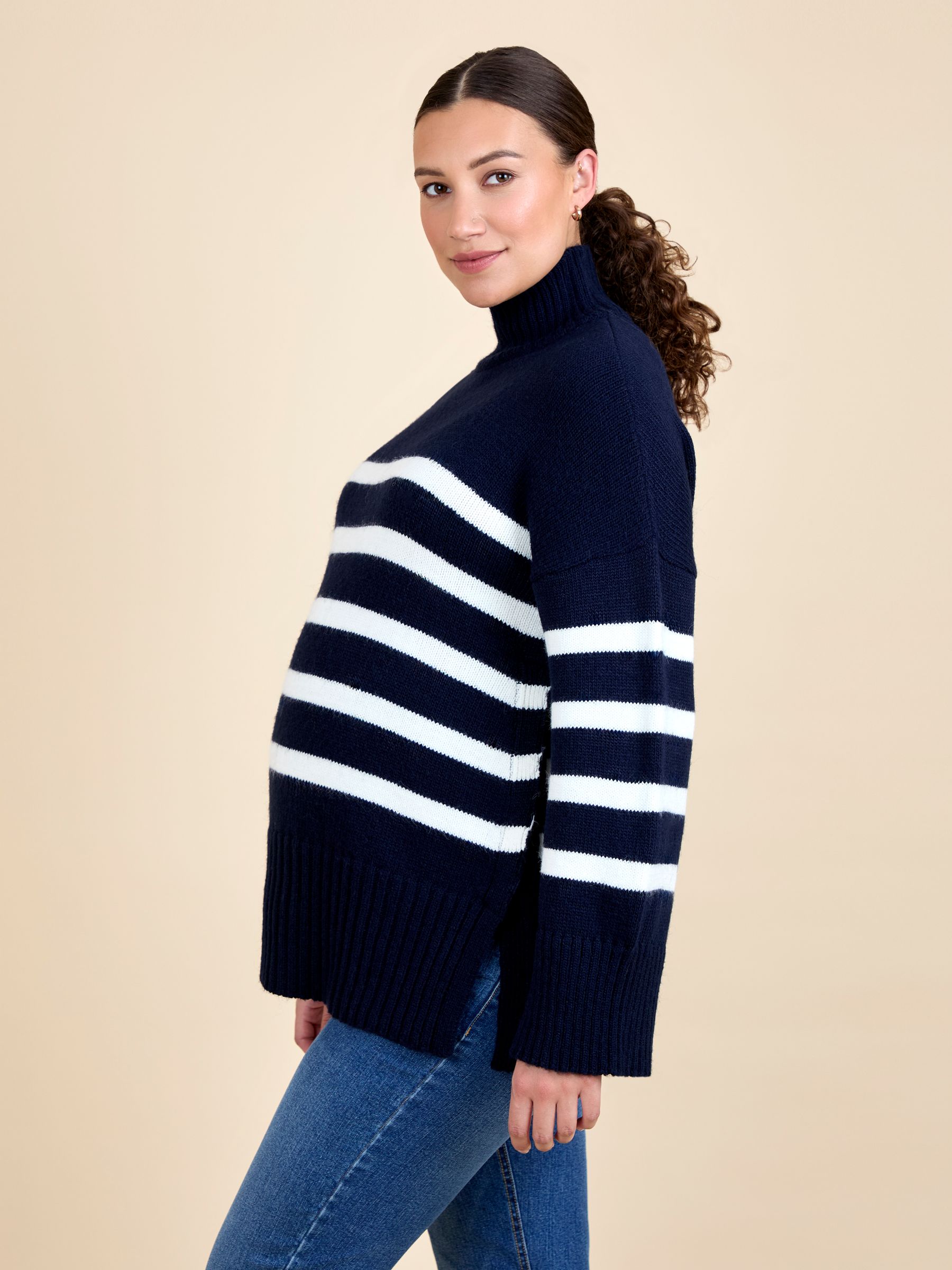 Navy Ecru Stripe Striped Turtleneck Maternity And Nursing Jumper - Image 2 of 5