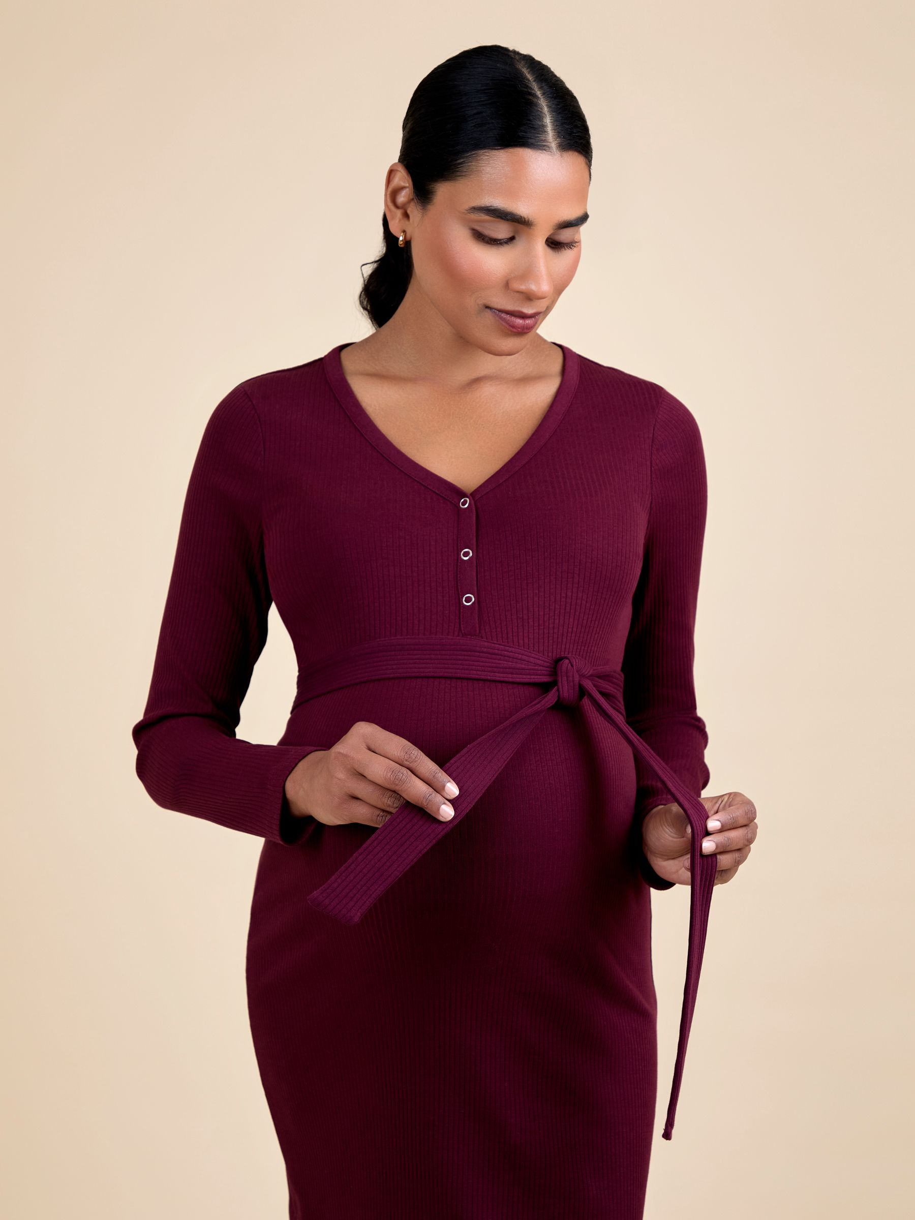 Burgundy Ribbed Maternity Popper Front Dress