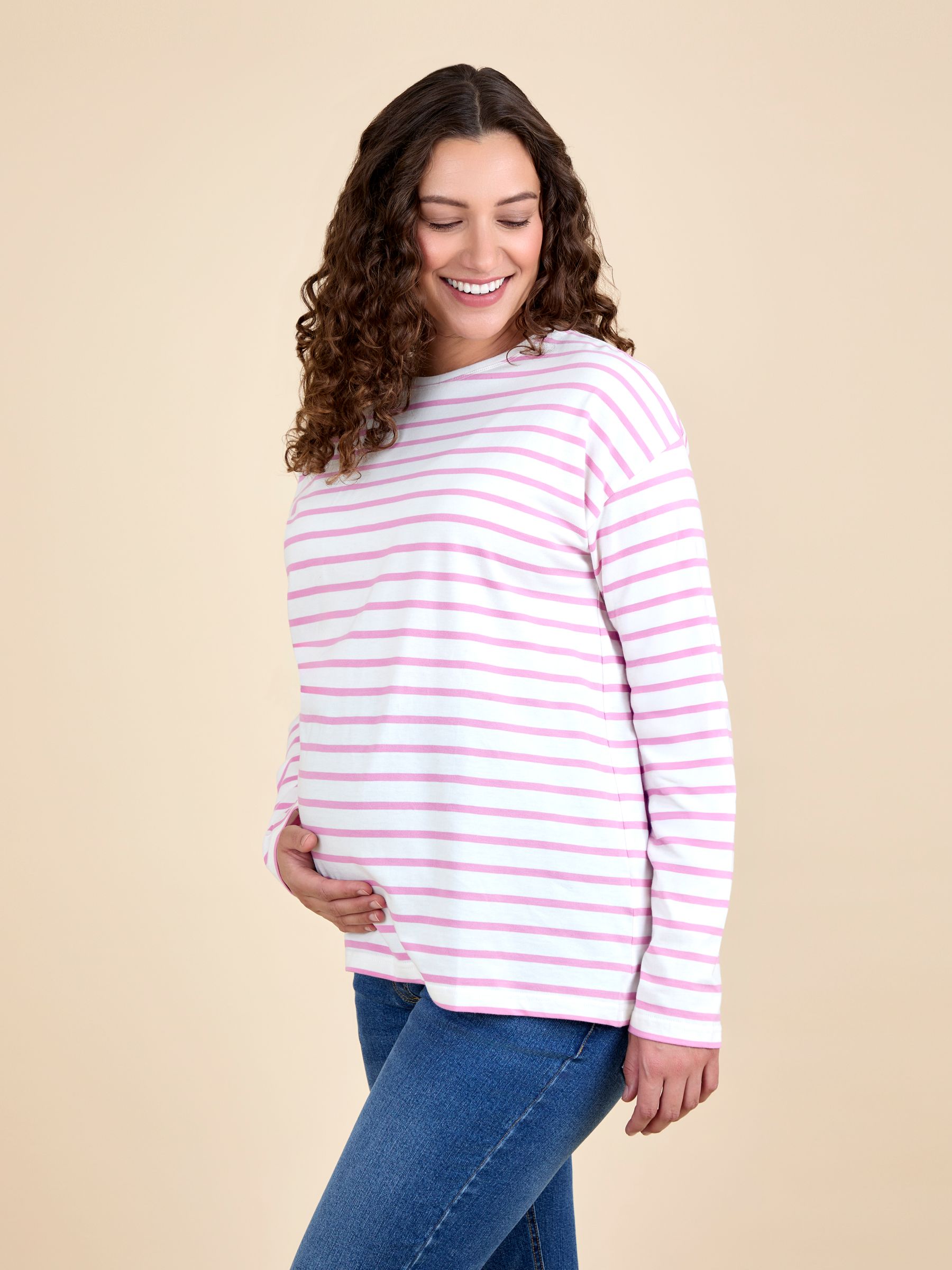 Pink Stripe Long Sleeve Boyfriend Maternity T-Shirt - Image 1 of 4
