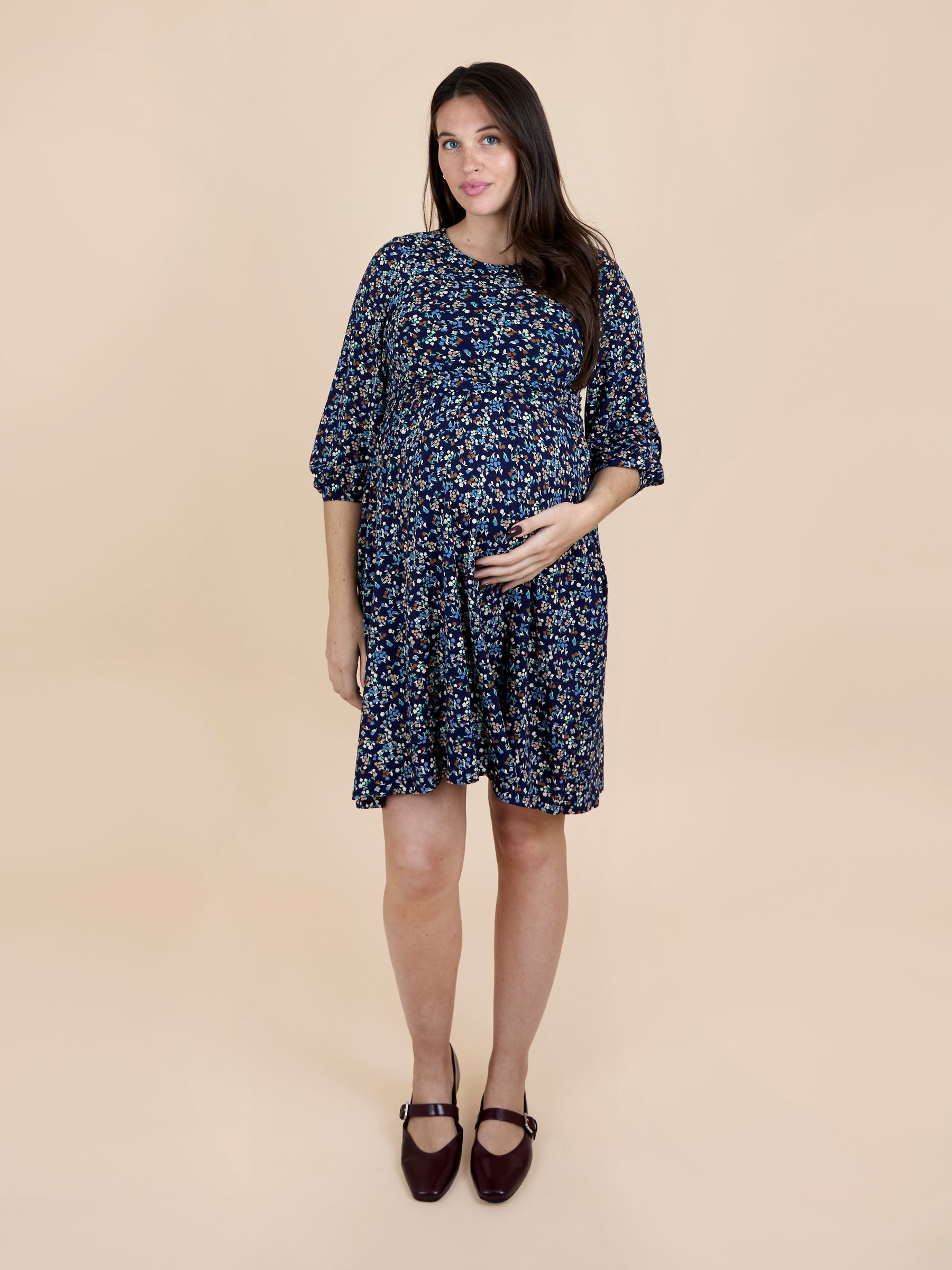 Blue Mid Puff Sleeve Printed Jersey Nursing Midi Dress - Image 1 of 5