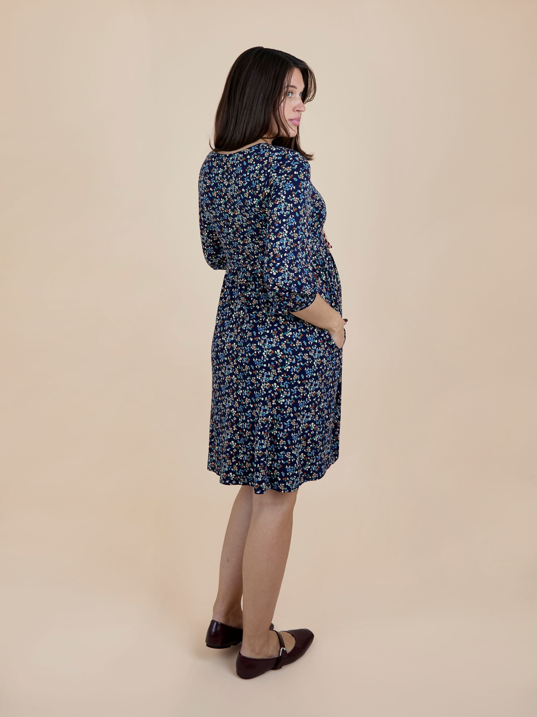 Blue Mid Puff Sleeve Printed Jersey Nursing Midi Dress - Image 3 of 5