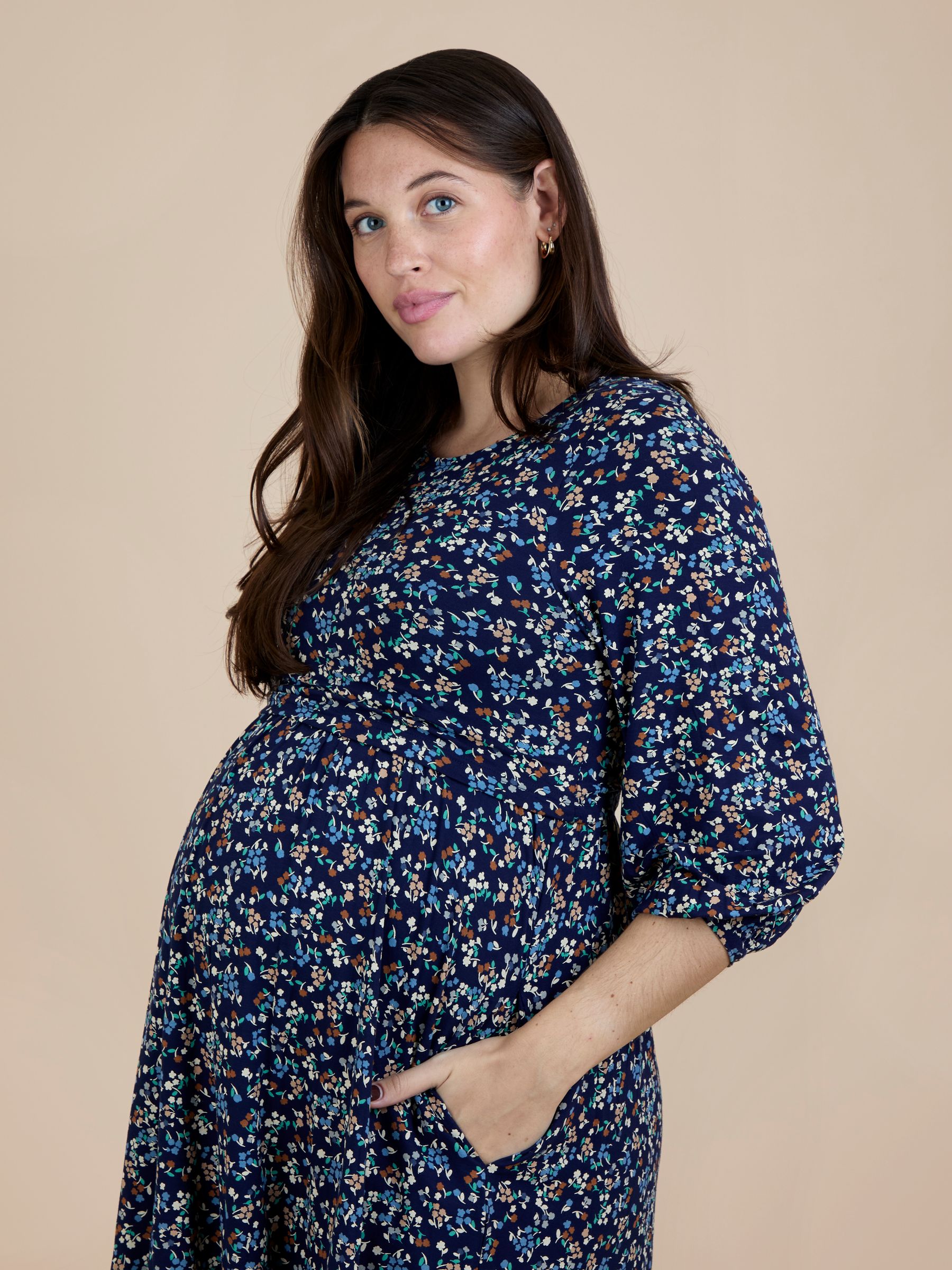 Blue Mid Puff Sleeve Printed Jersey Nursing Midi Dress - Image 4 of 5