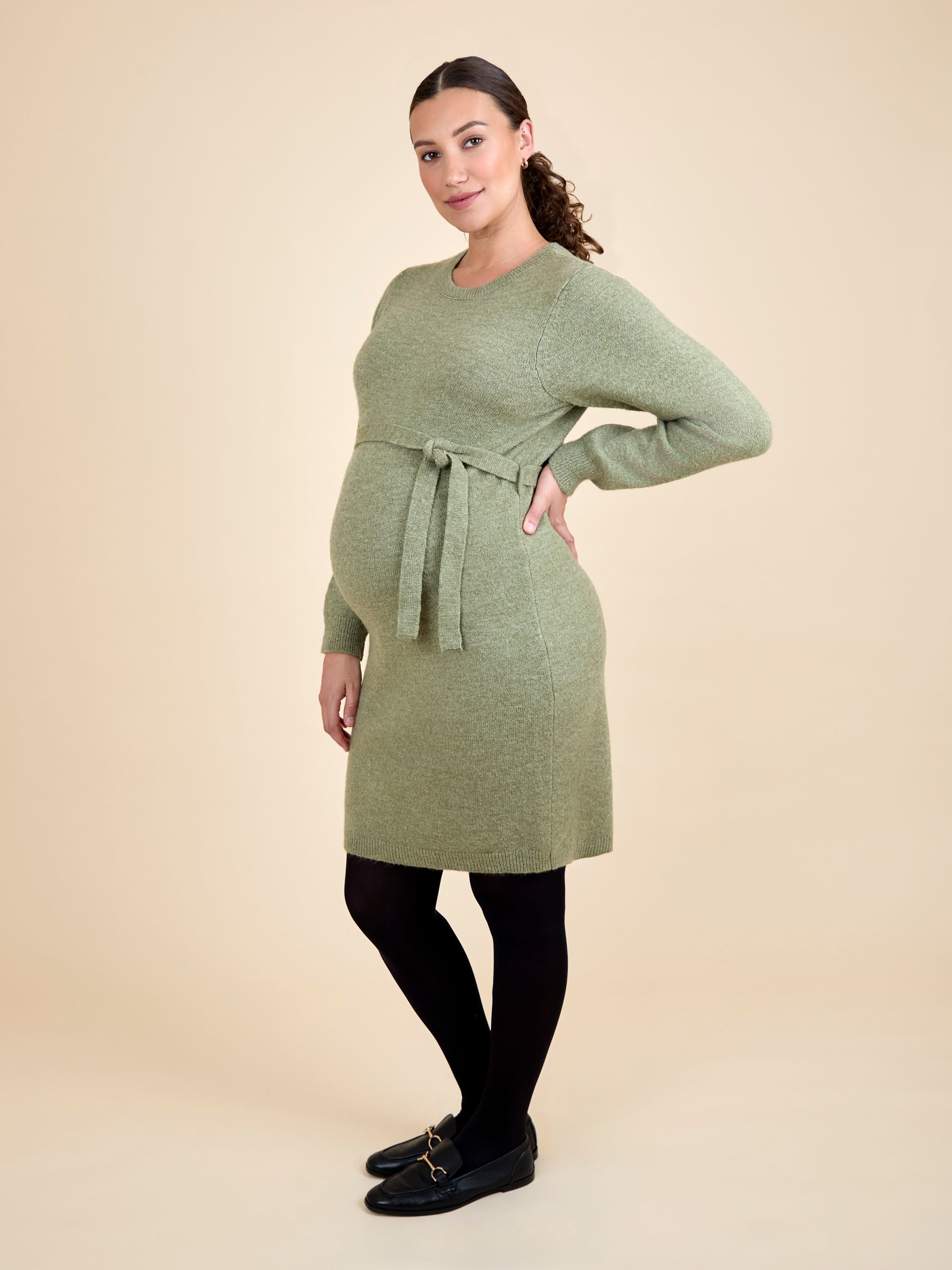 Khaki Maternity Crew Neck Knitted Dress - Image 1 of 5