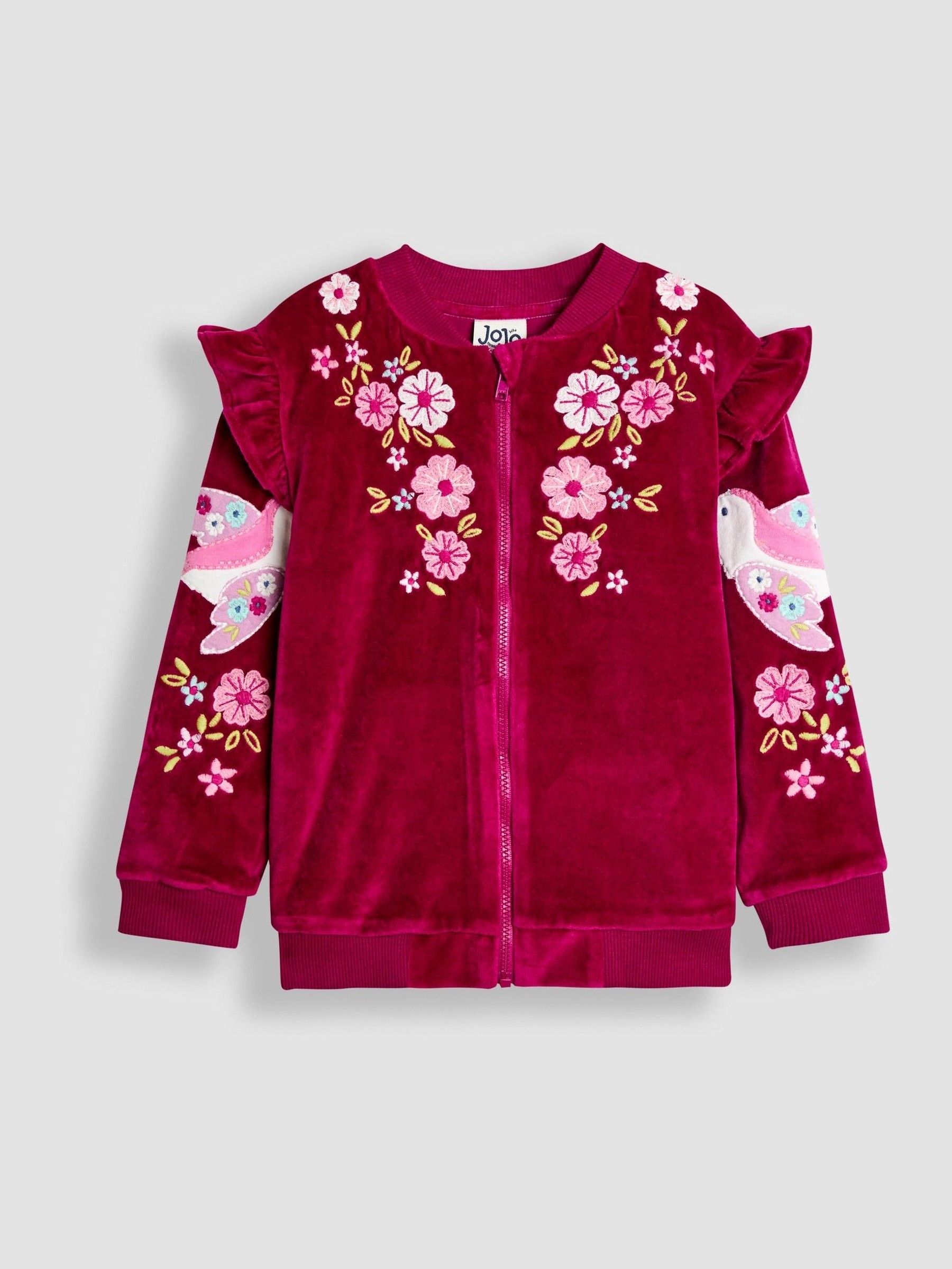 Berry Floral Bird Embroidered Frill Velour Jacket - Image 1 of 4