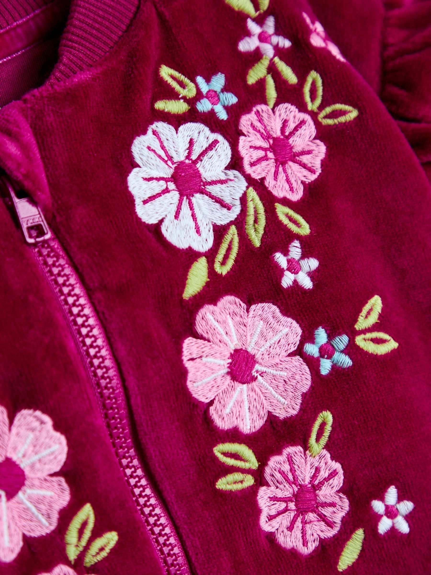 Berry Floral Bird Embroidered Frill Velour Jacket - Image 3 of 4
