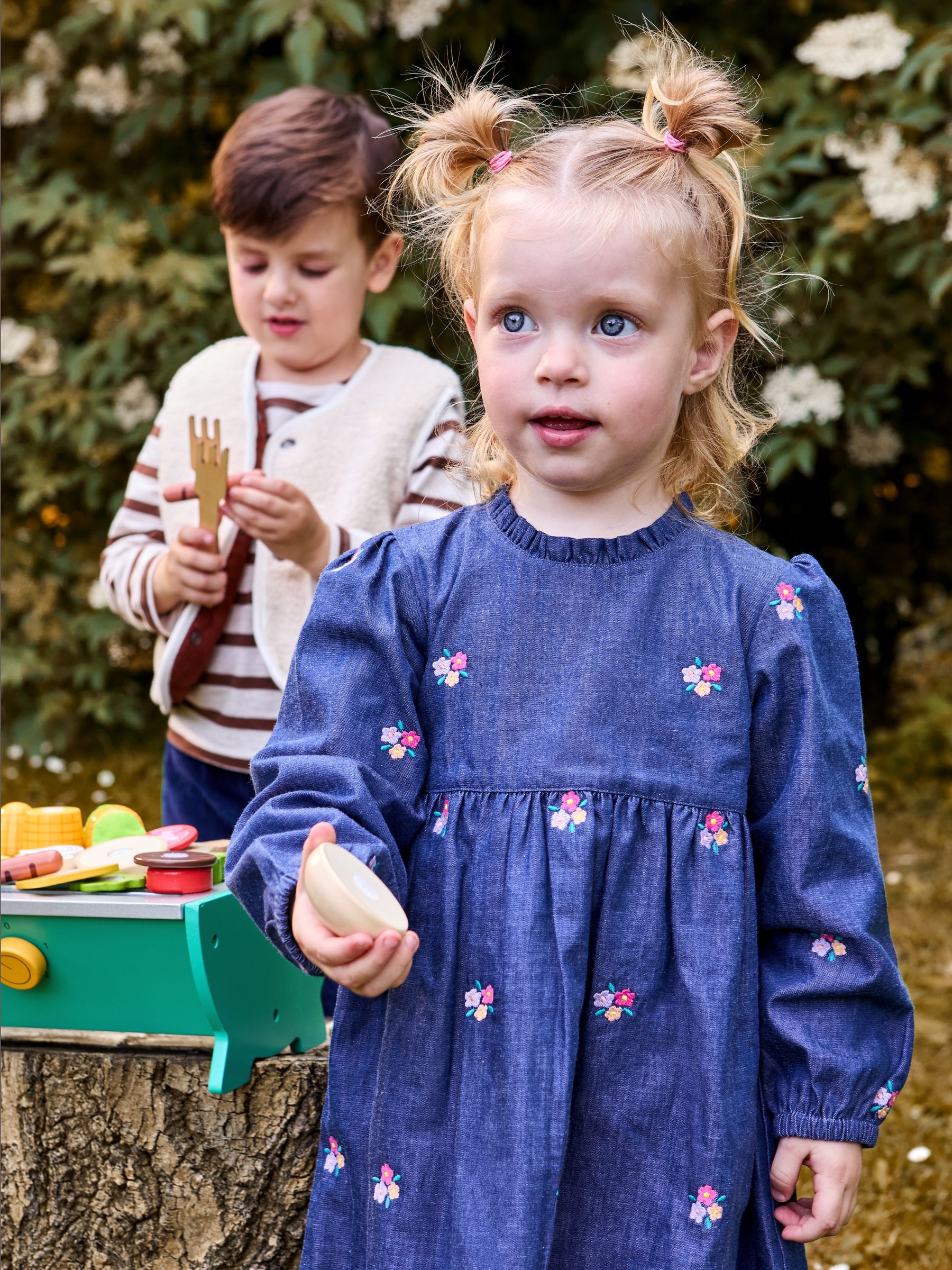 Blue Denim Chambray Embroidered Puff Sleeve Dress | JoJo Maman