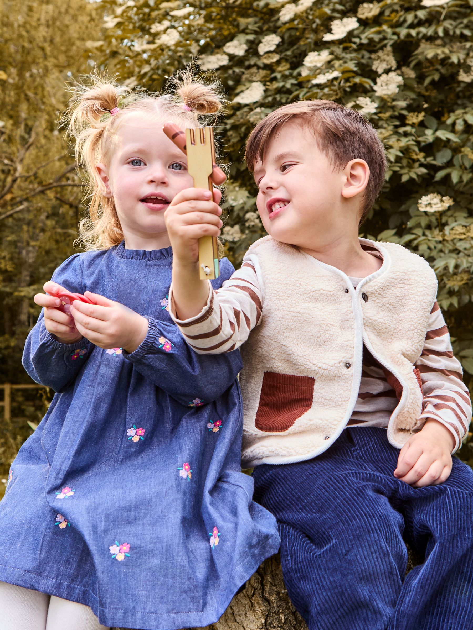 Blue Denim Chambray Embroidered Puff Sleeve Dress | JoJo Maman
