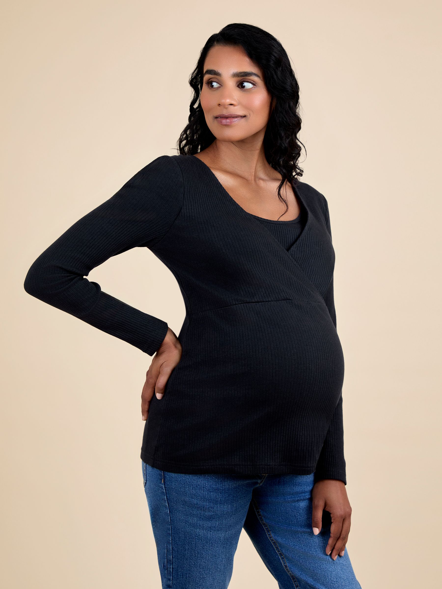 Black Wrap Maternity & Nursing Long Sleeve Ribbed Top - Image 1 of 5