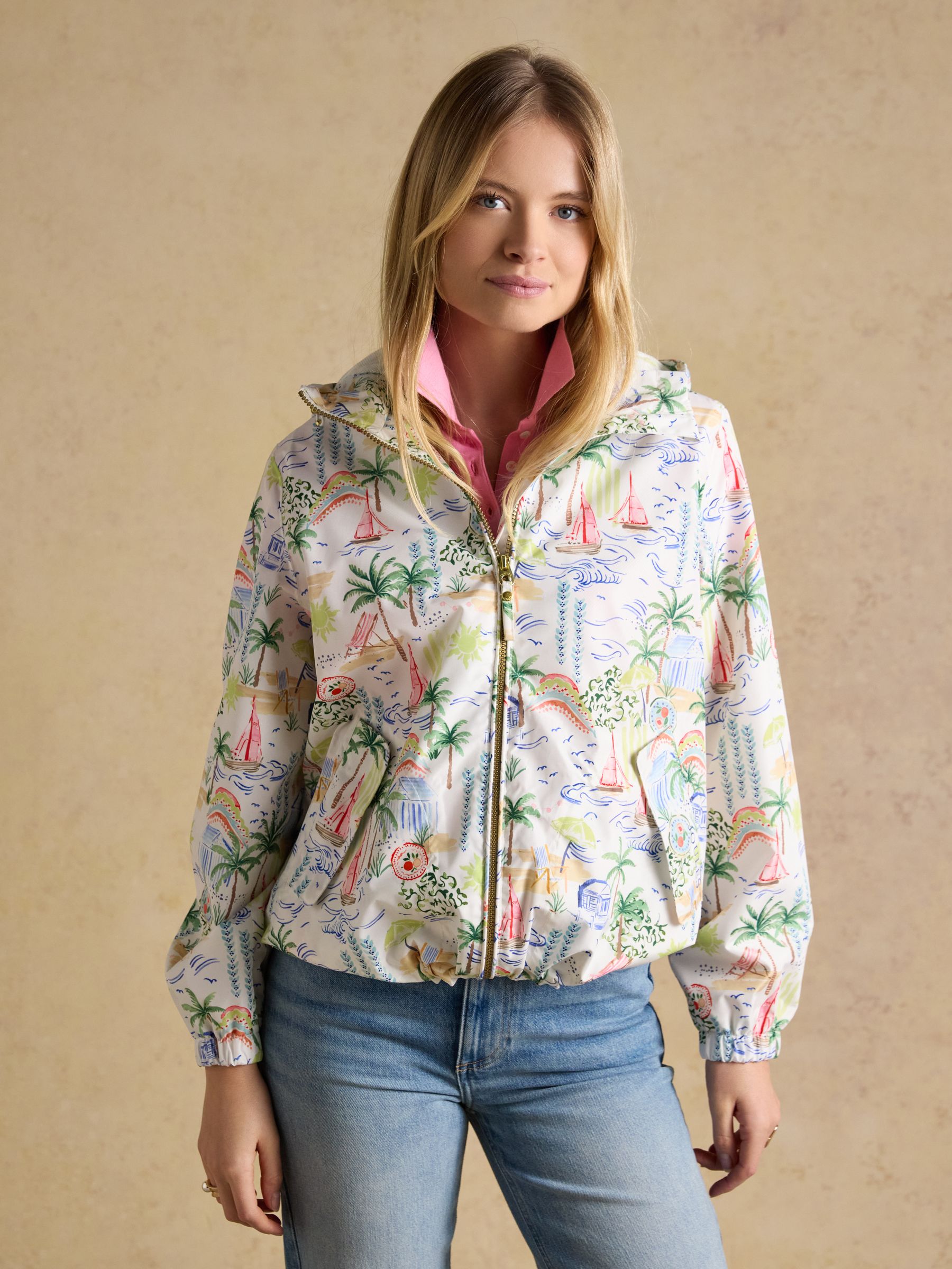 Rainly White Coastal Print Waterproof Packable Raincoat with Hood - Image 3 of 14