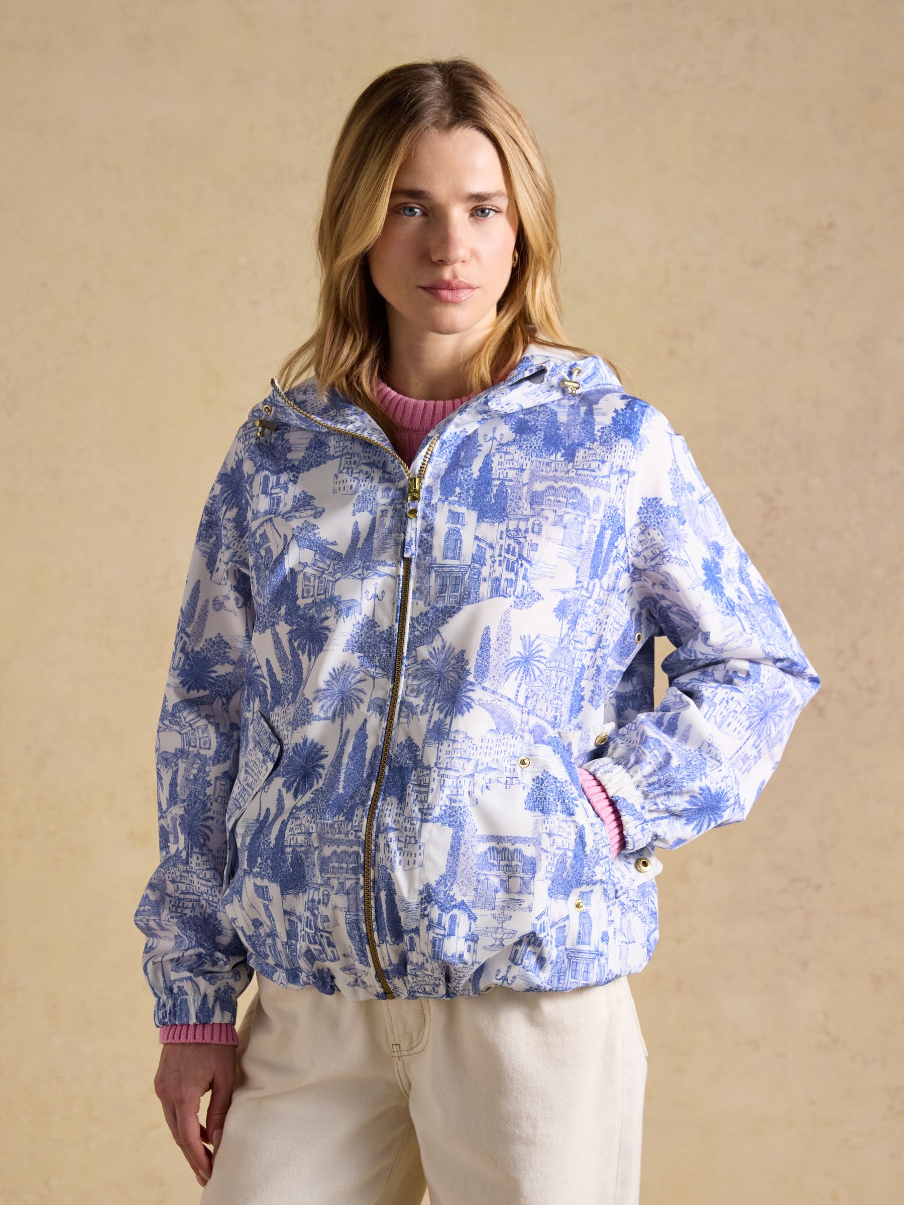 Rainly Cream & Blue Waterproof Packable Raincoat with Hood - Image 1 of 13