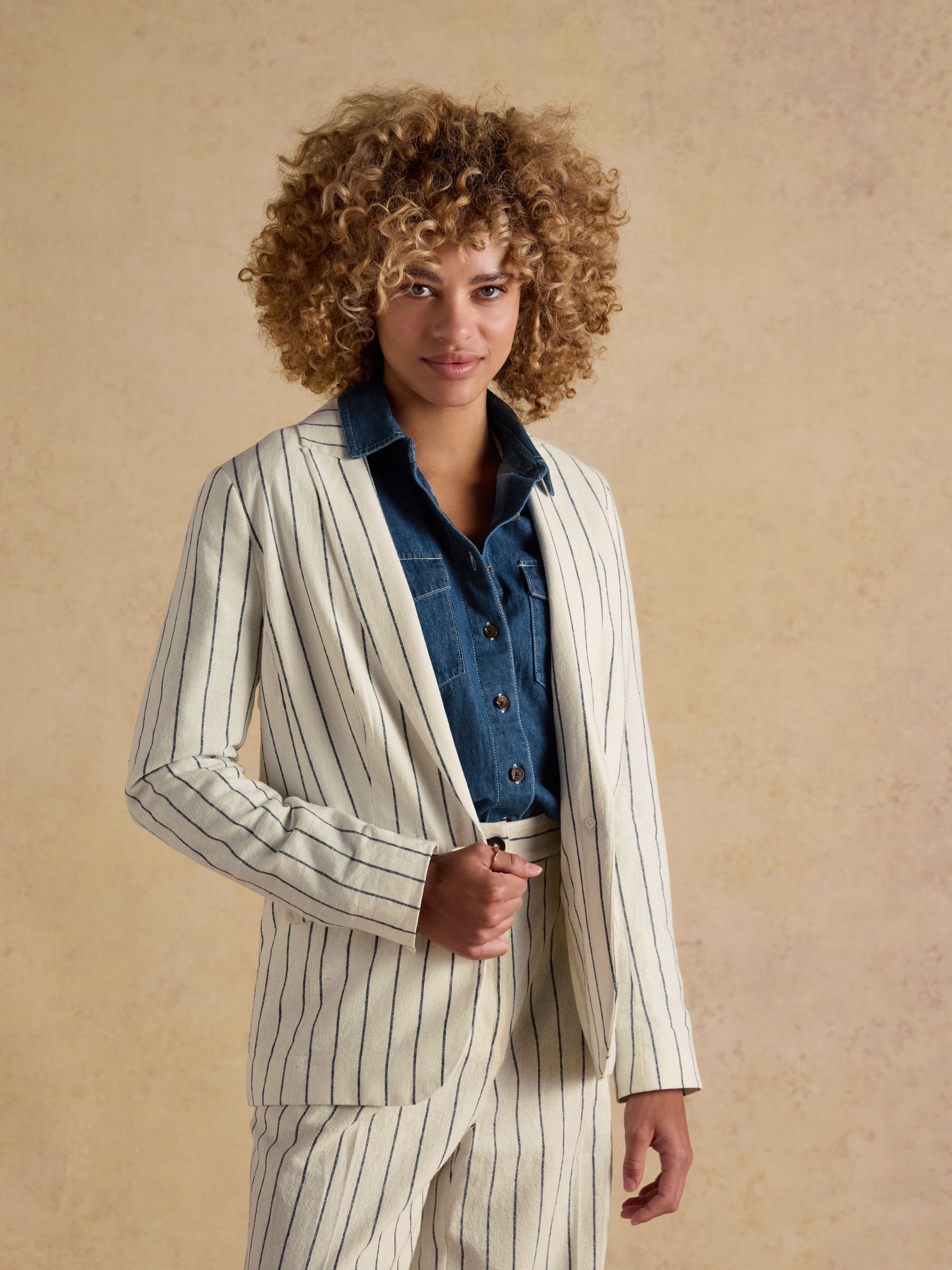 Creme Stripe Linen Blend Blazer - Image 6 of 11