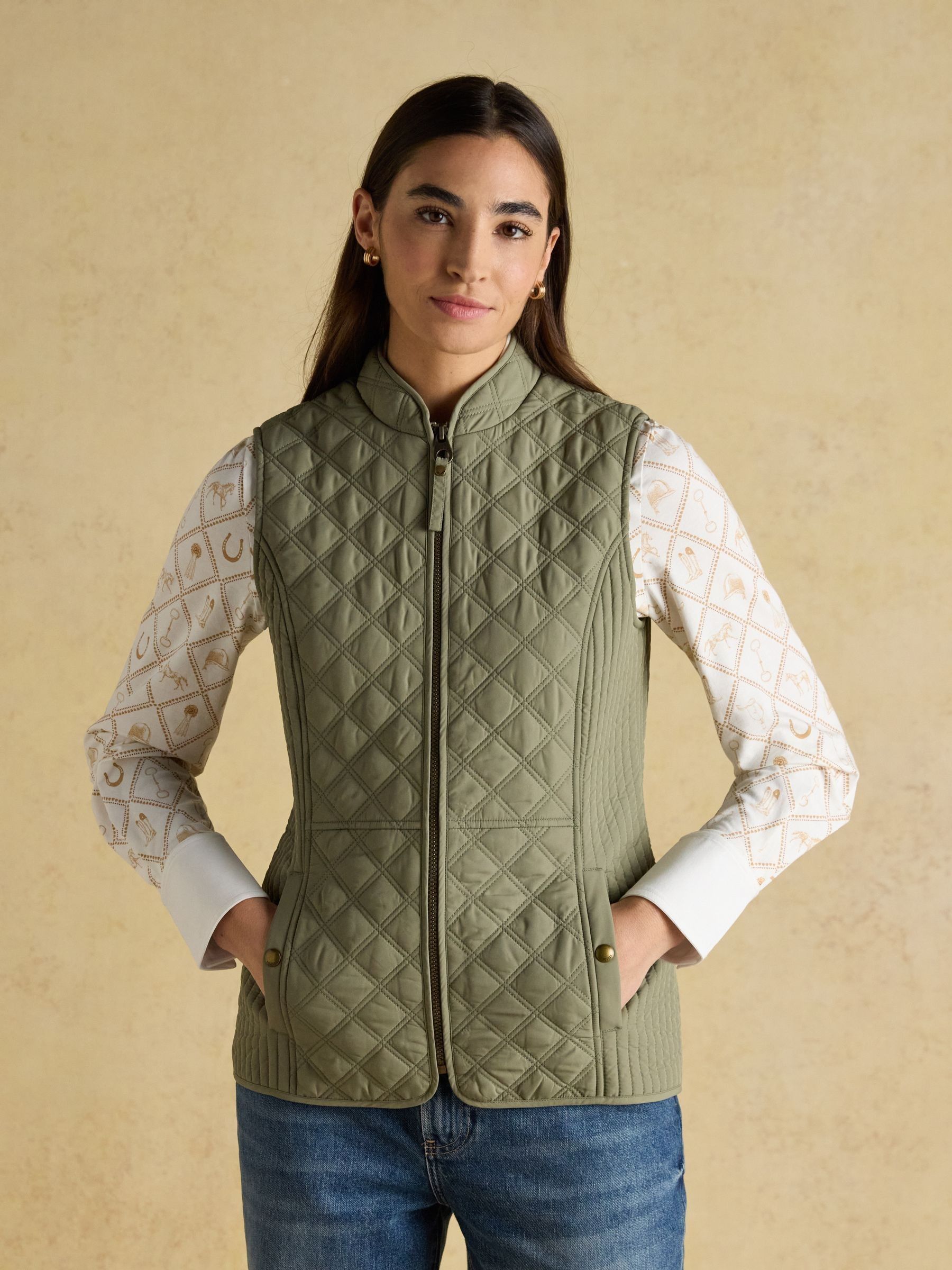 Minx Sage Green Showerproof Diamond Quilted Gilet | Joules
