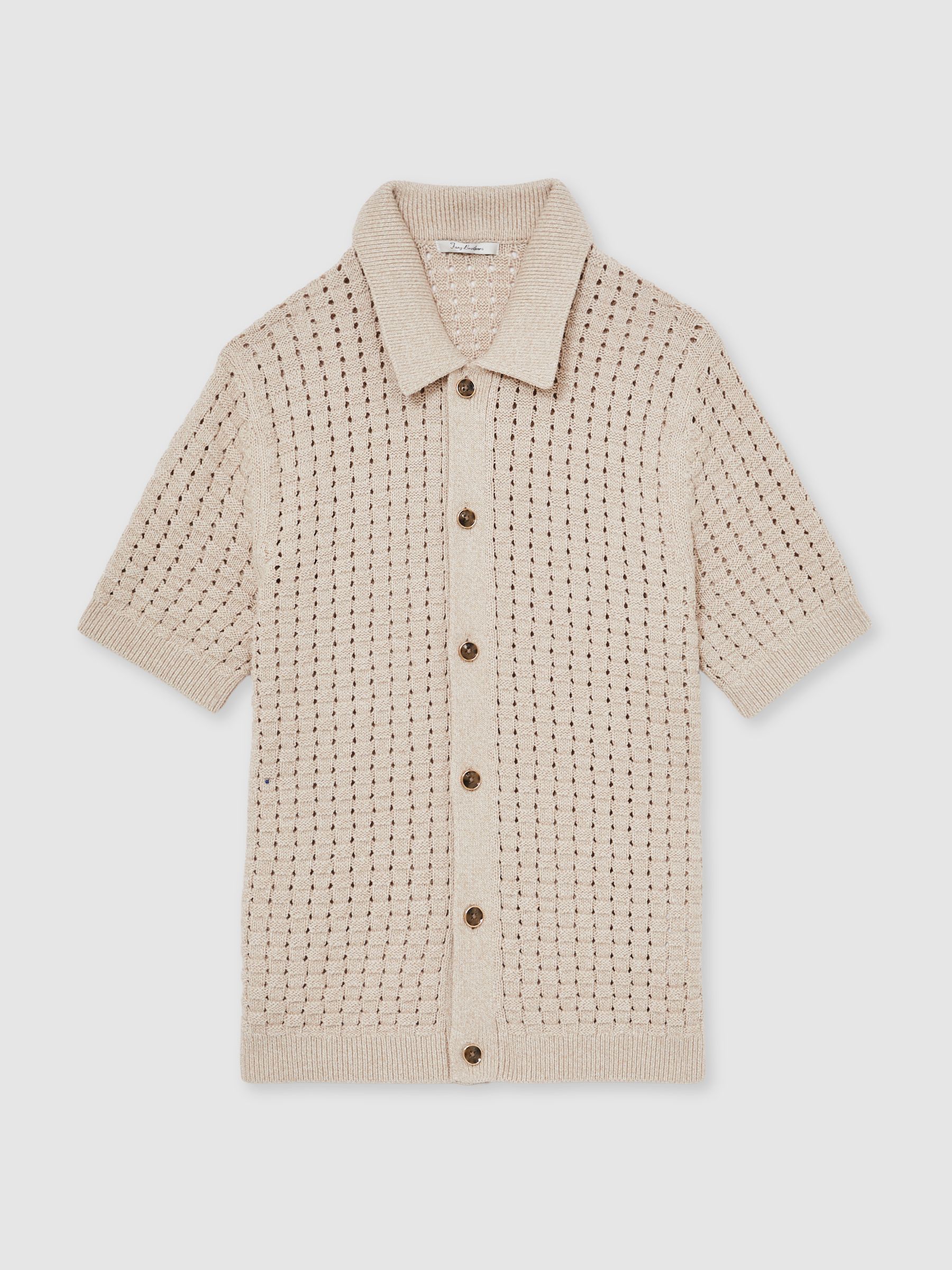 Basketweave-Knit Button-Through Cotton-Blend Shirt in Stone - Image 2 of 6