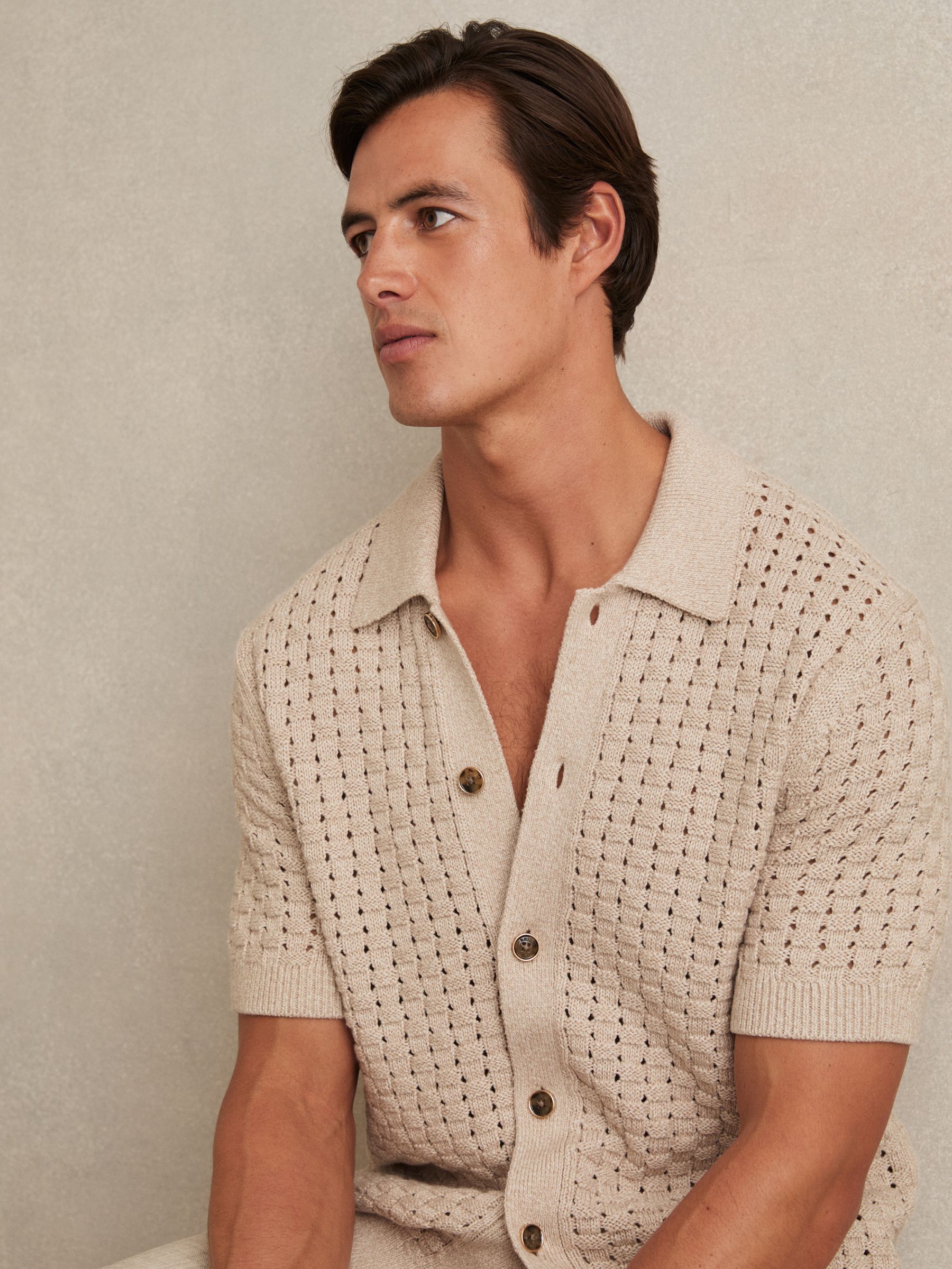 Basketweave Knit Button Through Cotton Blend Shirt in Stone - image 4