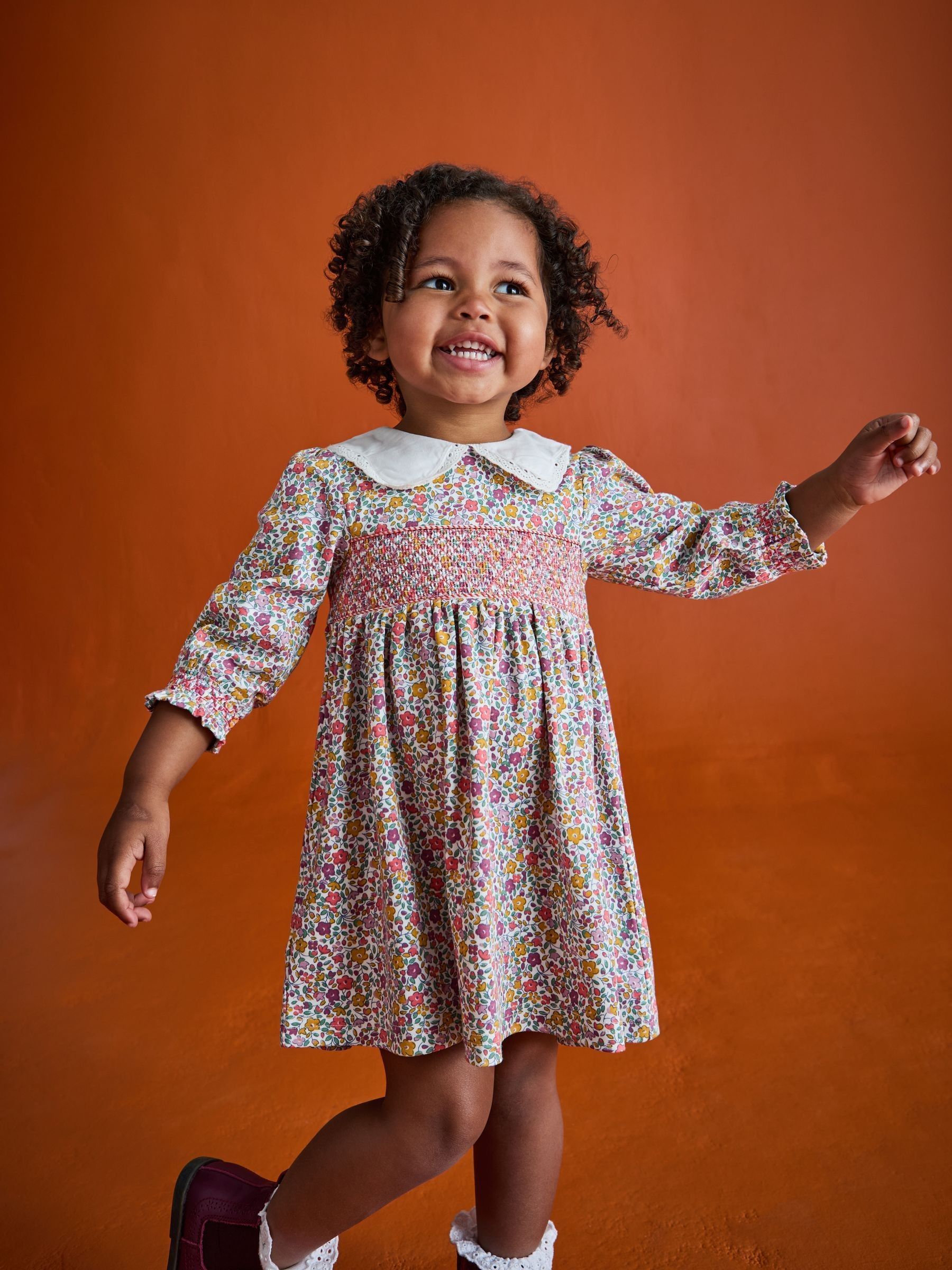 Mustard Yellow Autumn Ditsy Floral Smocked Jersey Dress | JoJo