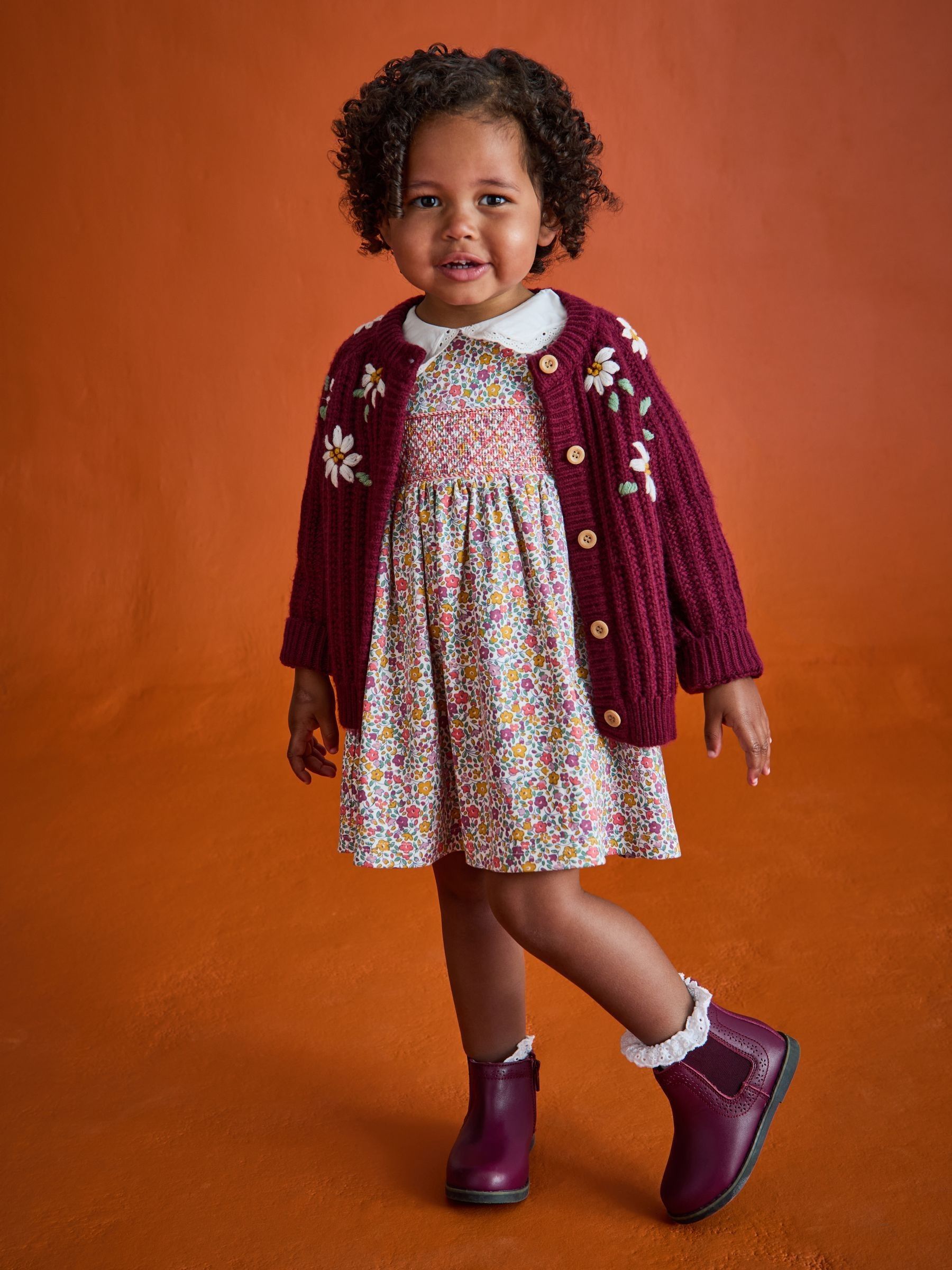 Mustard Yellow Autumn Ditsy Floral Smocked Jersey Dress - Image 6 of 10