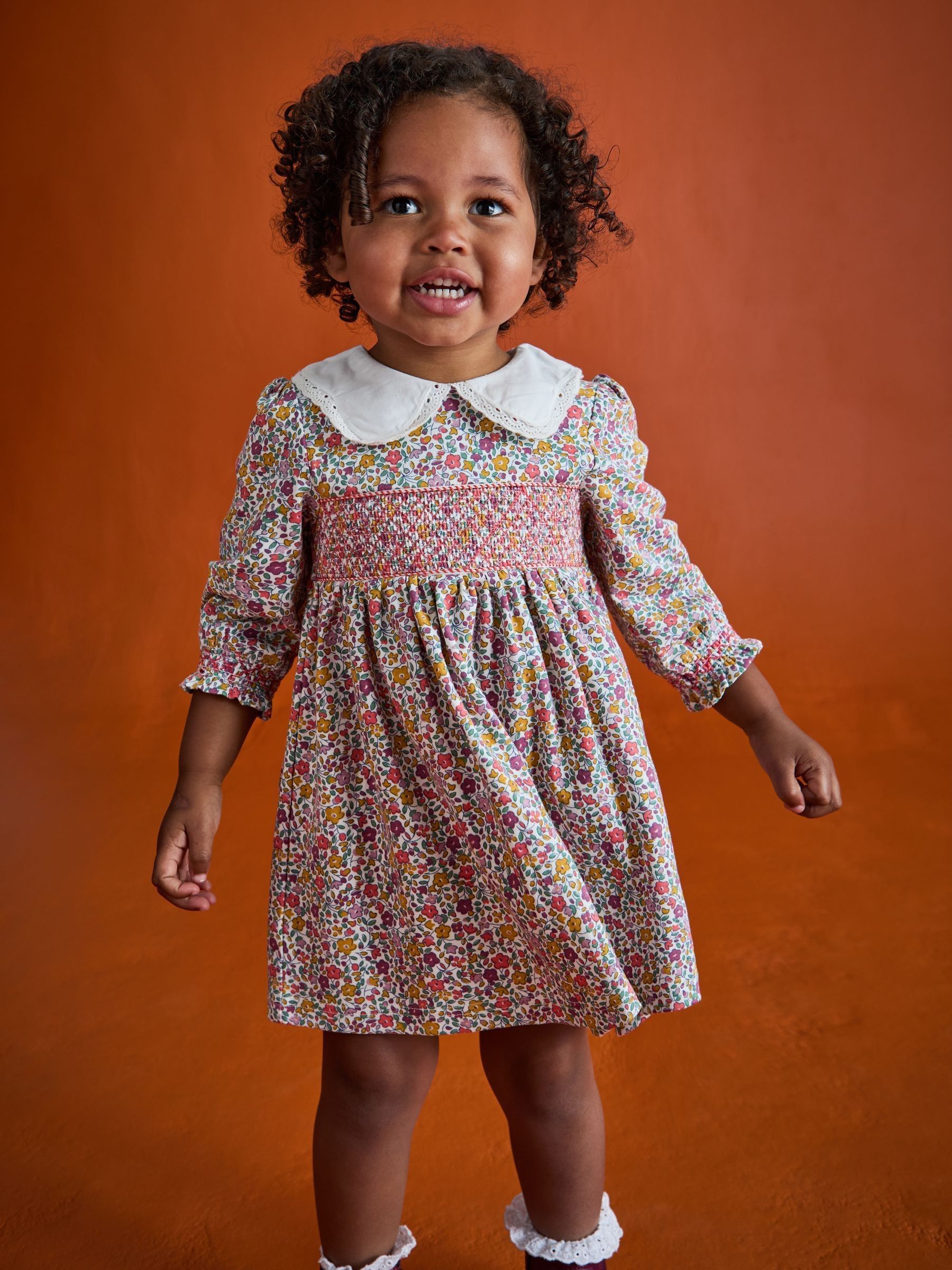 Mustard Yellow Autumn Ditsy Floral Smocked Jersey Dress - Image 9 of 10