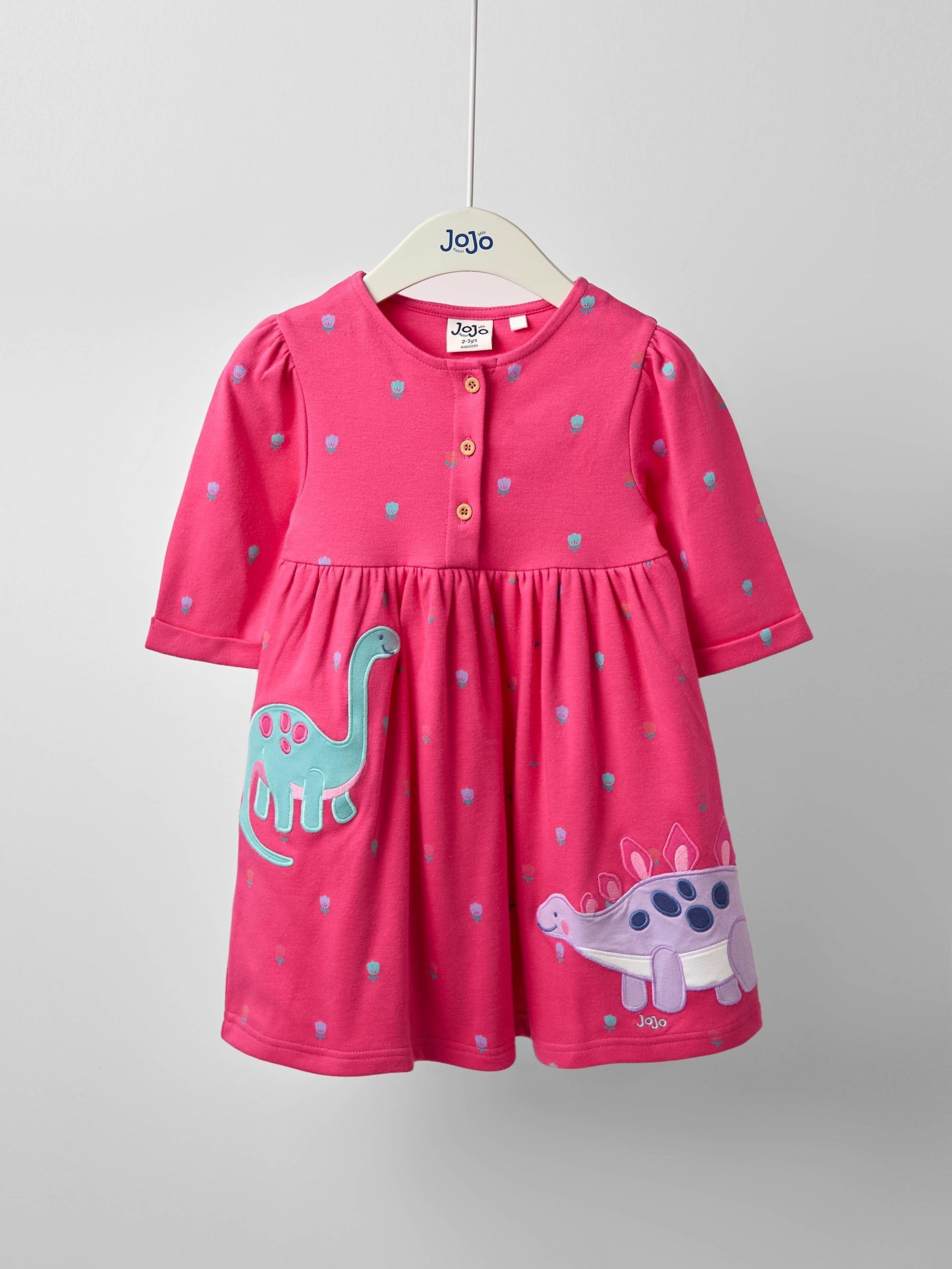 Fucshia Pink Dinosaur Button Front Appliqué Dress - Image 1 of 5