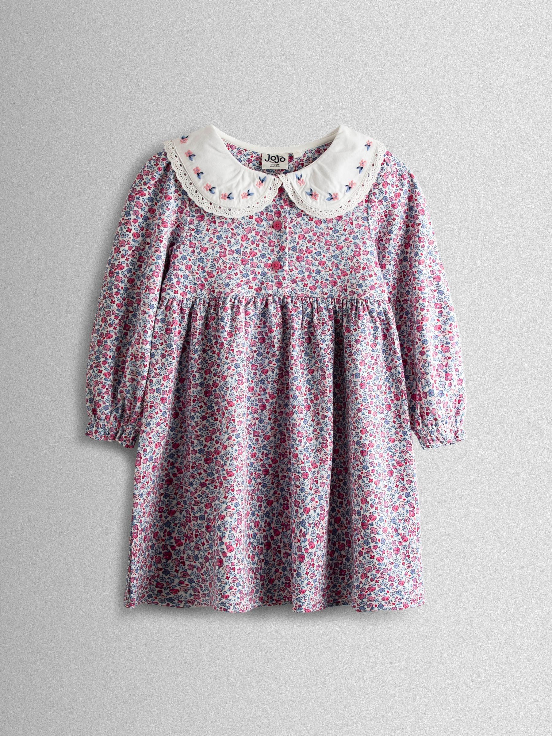 Pink Ditsy Floral Embroidered Collar Button Front Dress | JoJo