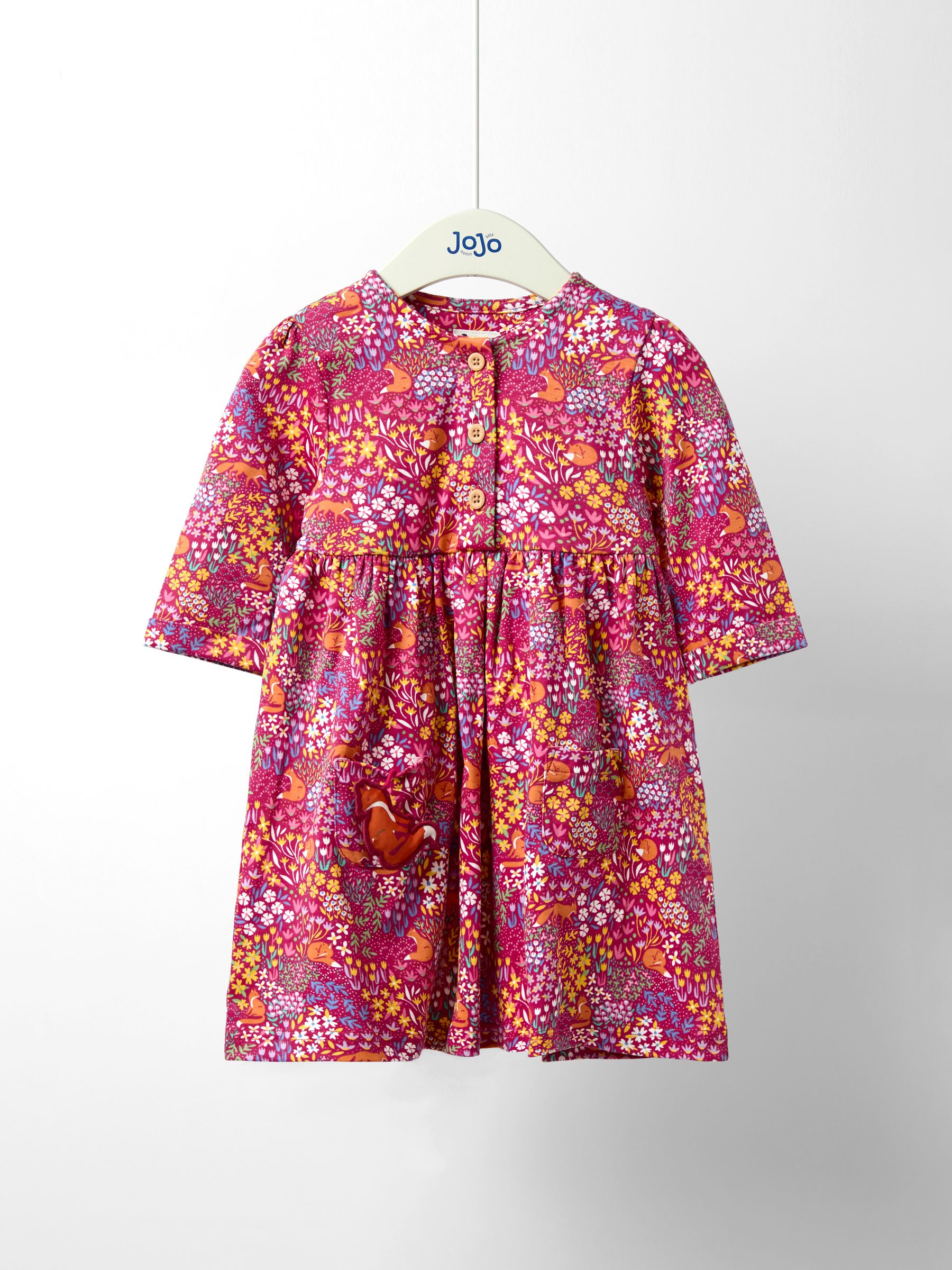 Berry Pink Fox Floral Button Front Printed Pet In Pocket Dress | JoJo Maman  Bb