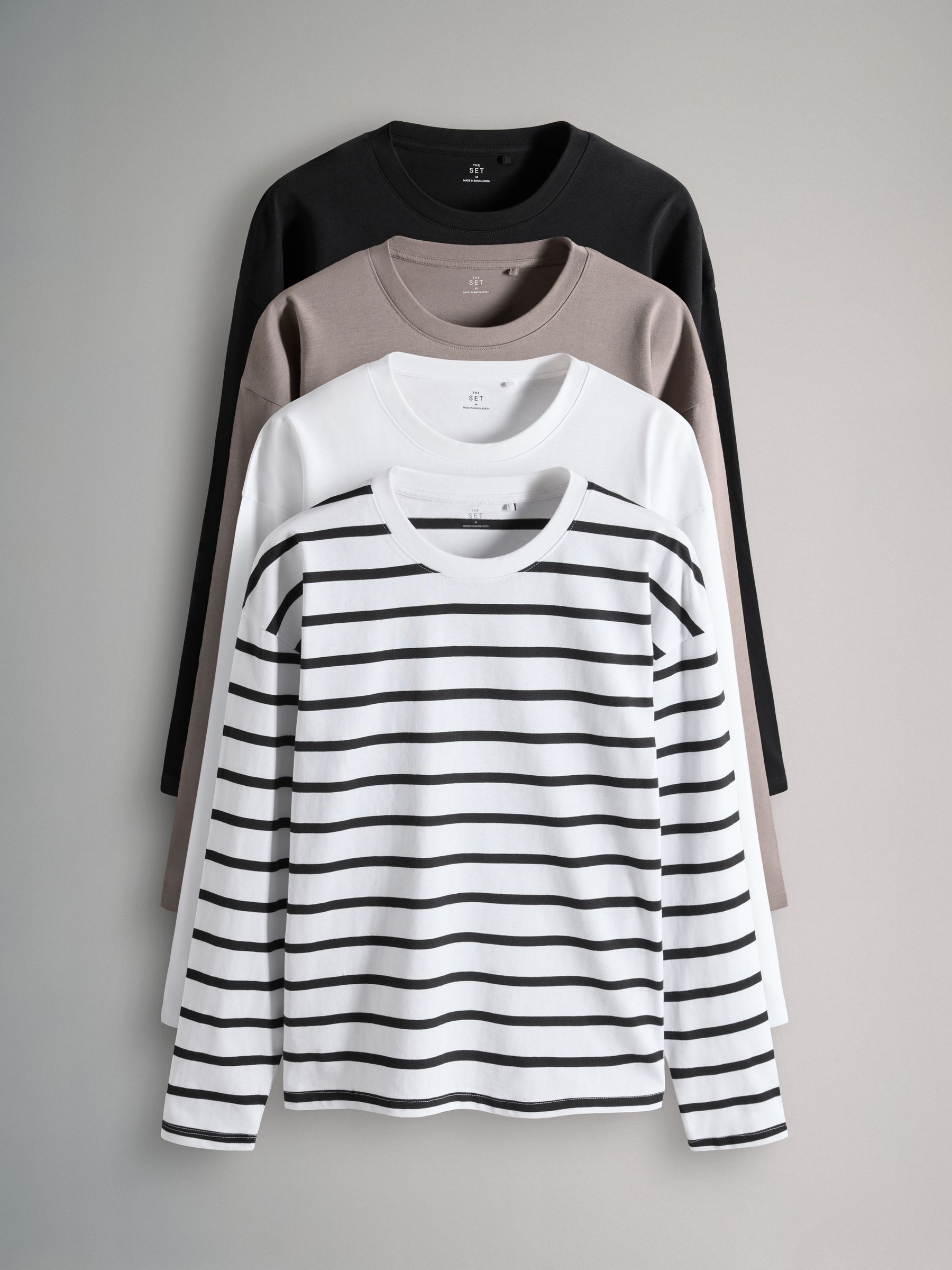 Black/Taupe Brown/Stripe/White - 4 Pack Heavyweight Relaxed Long Sleeve T-Shirts - Image 1 of 6