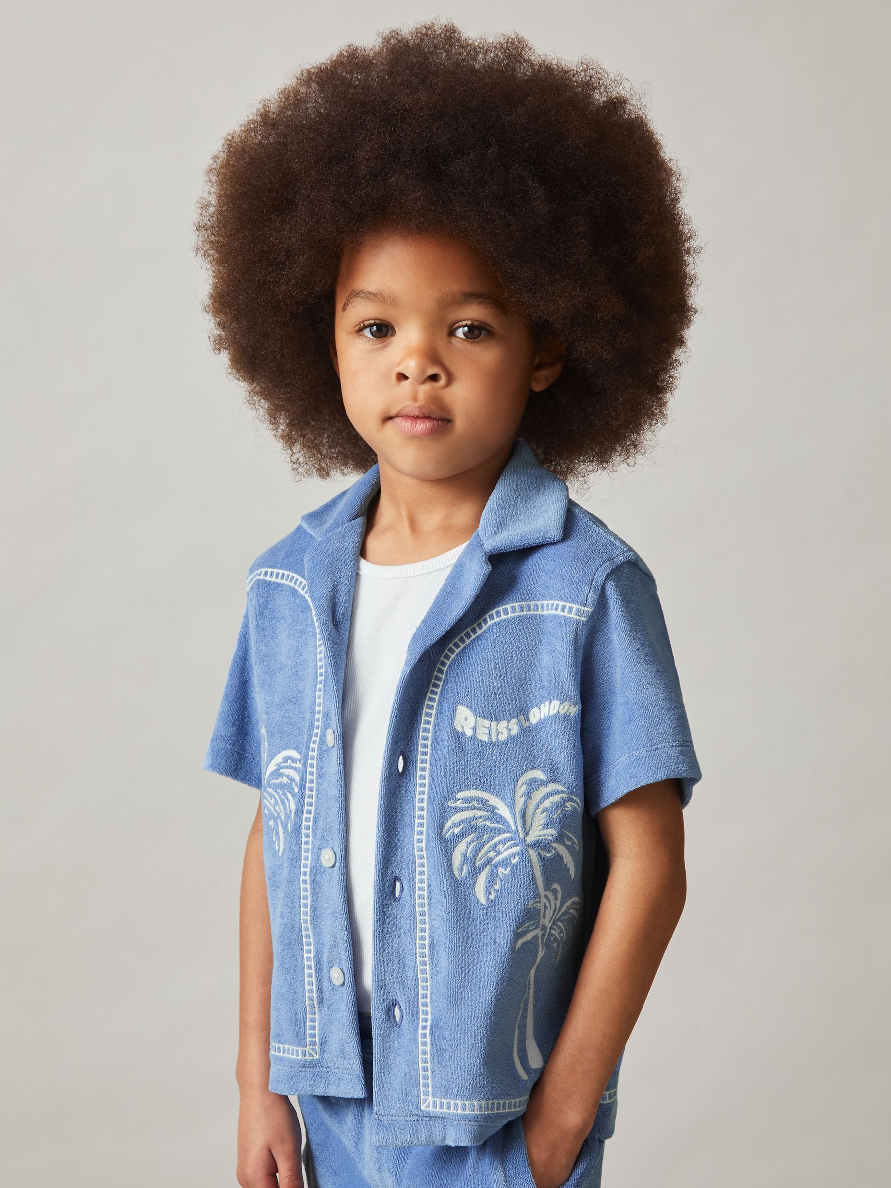 13-14 yrs Towelling Palm-Embroidered Shirt in Airforce Blue - Image 2 of 5