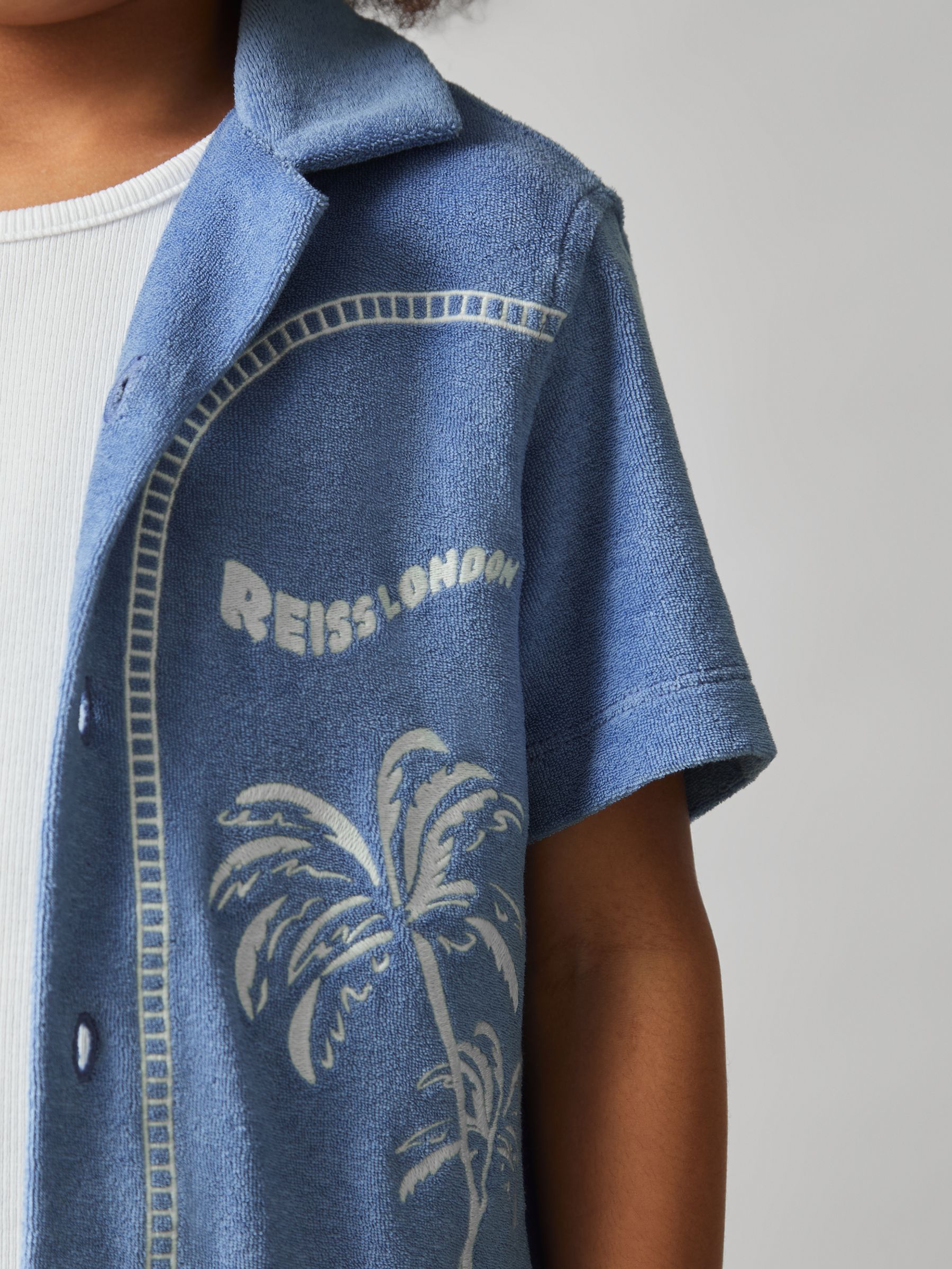 13-14 yrs Towelling Palm-Embroidered Shirt in Airforce Blue - Image 4 of 5
