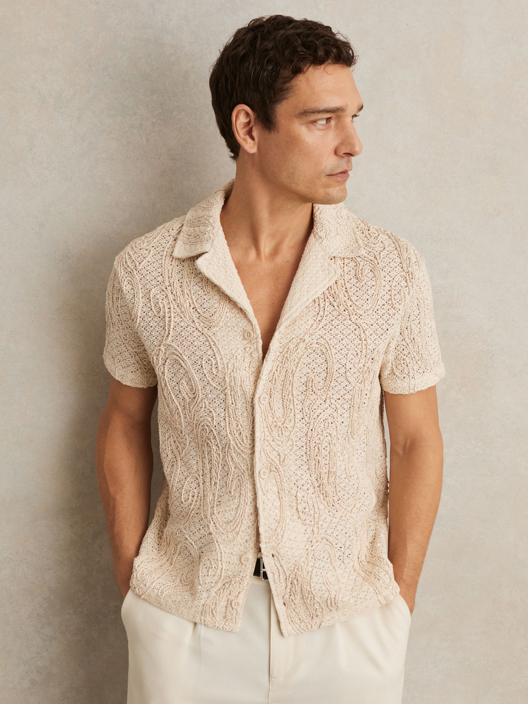 Cotton-Blend Embroidered Crochet Shirt in Oatmeal - Image 1 of 6
